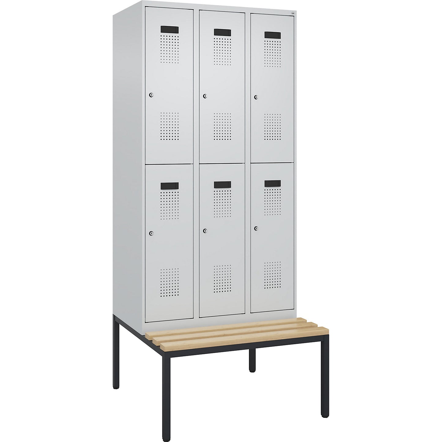 Evolo PLUS bench seat double deck clothes locker, 3 compartments, light grey / light grey, W 900 mm, cylinder lock, with bench fitted below, beech.