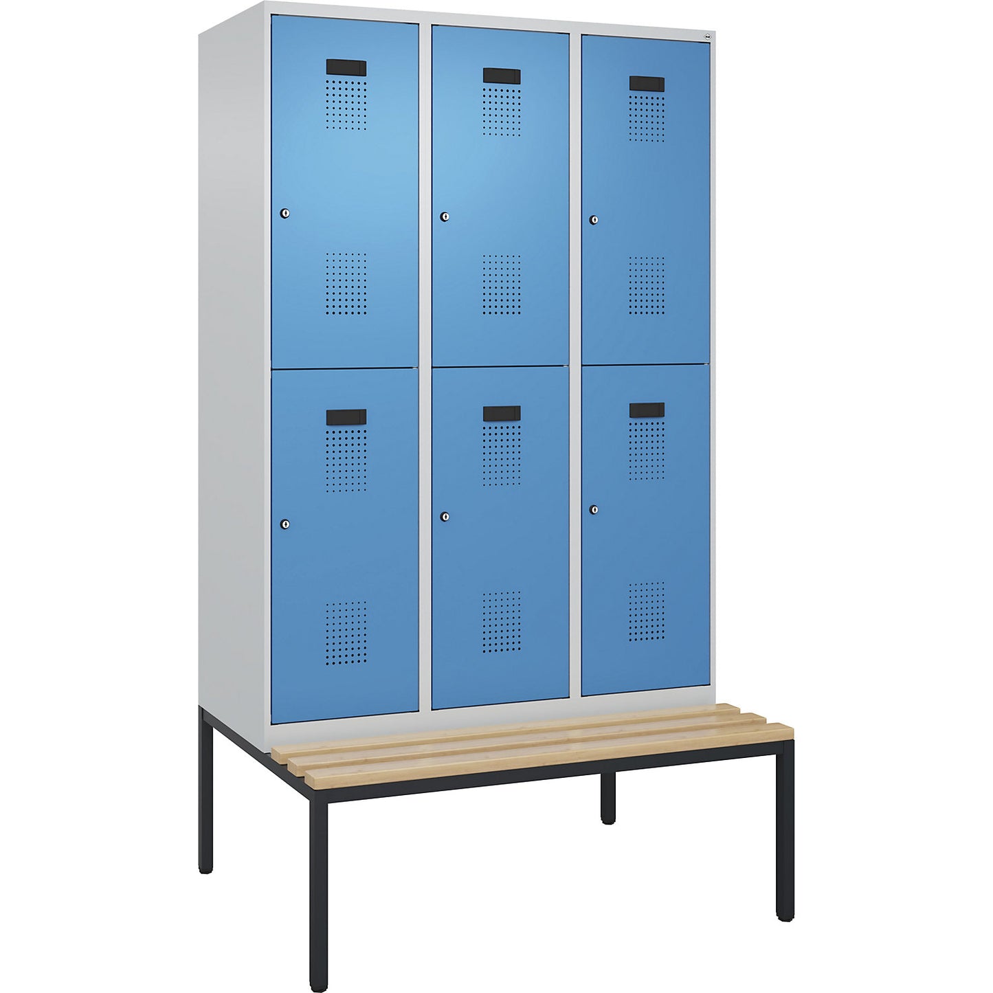 Evolo PLUS bench seat double deck clothes locker, 3 compartments, light grey / light blue, W 1200 mm, cylinder lock, with bench fitted below, beech.