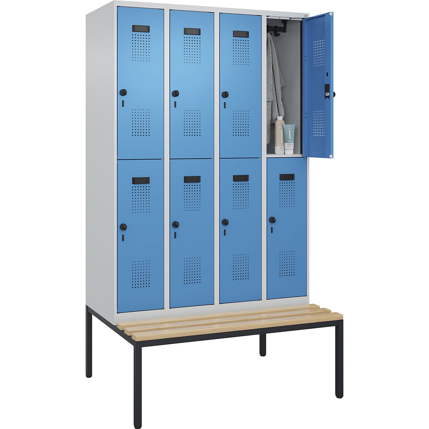 Evolo PLUS bench seat double deck clothes locker, 4 compartments, light grey / light blue, W 1200 mm, security rotary bolt, with bench fitted below, beech.