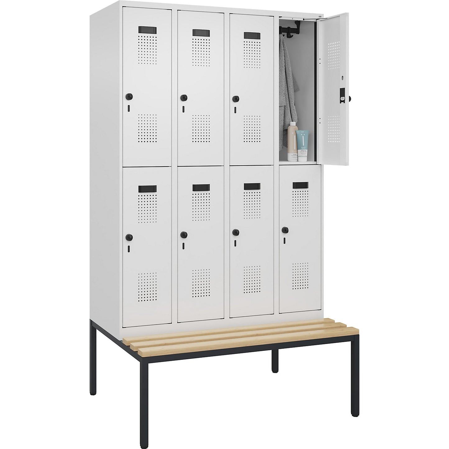 Evolo PLUS bench seat double deck clothes locker, 4 compartments, white, W 1200 mm, security rotary bolt, with bench fitted below, beech.