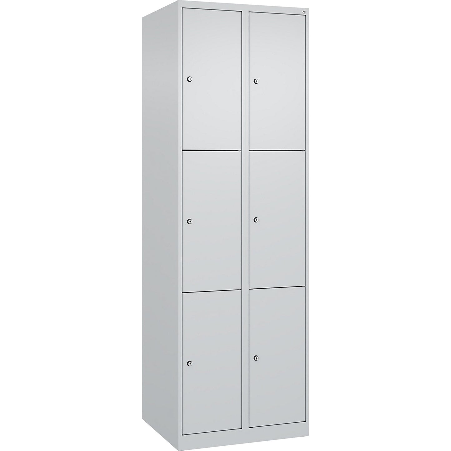 Evolo PLUS 3-fold compartment locker, 2 compartments, light grey, W 600 mm, 6 compartments, with floor glides, cylinder lock.