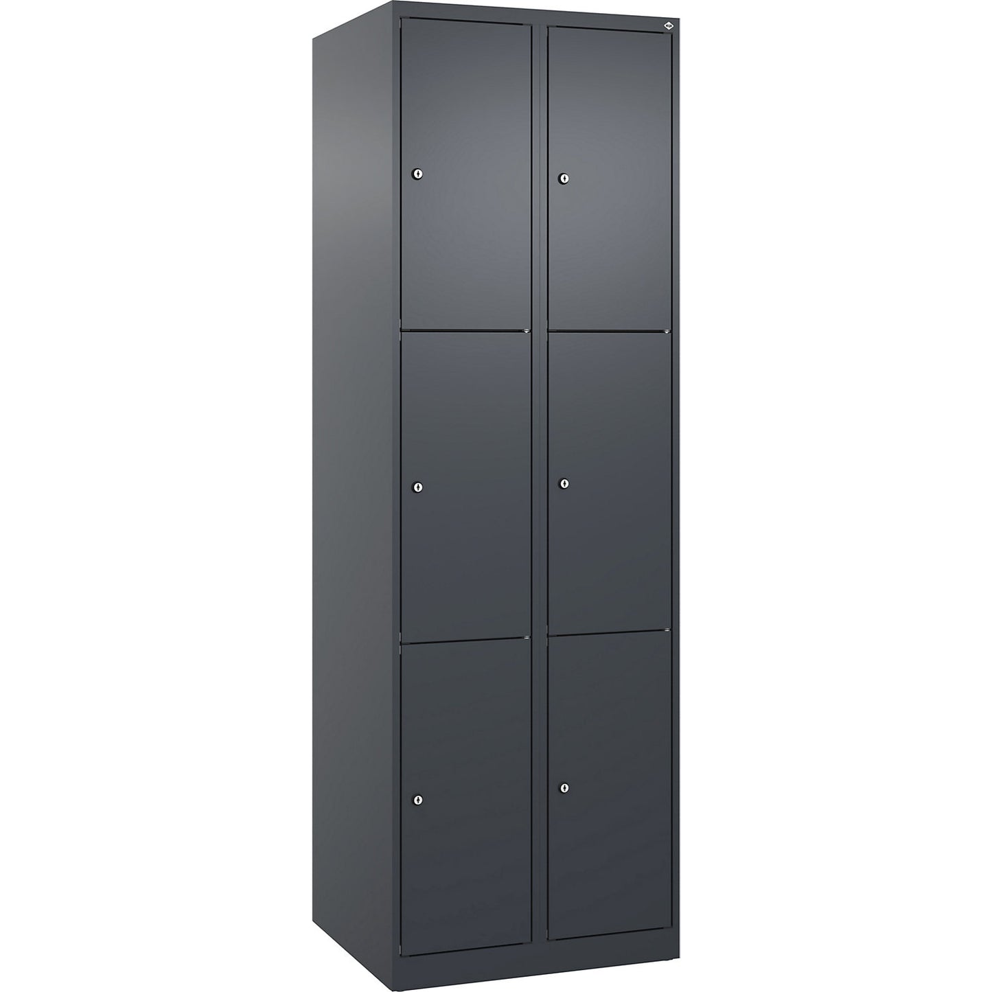 Evolo PLUS 3-fold compartment locker, 2 compartments, grey, W 600 mm, 6 compartments, with floor glides, cylinder lock.