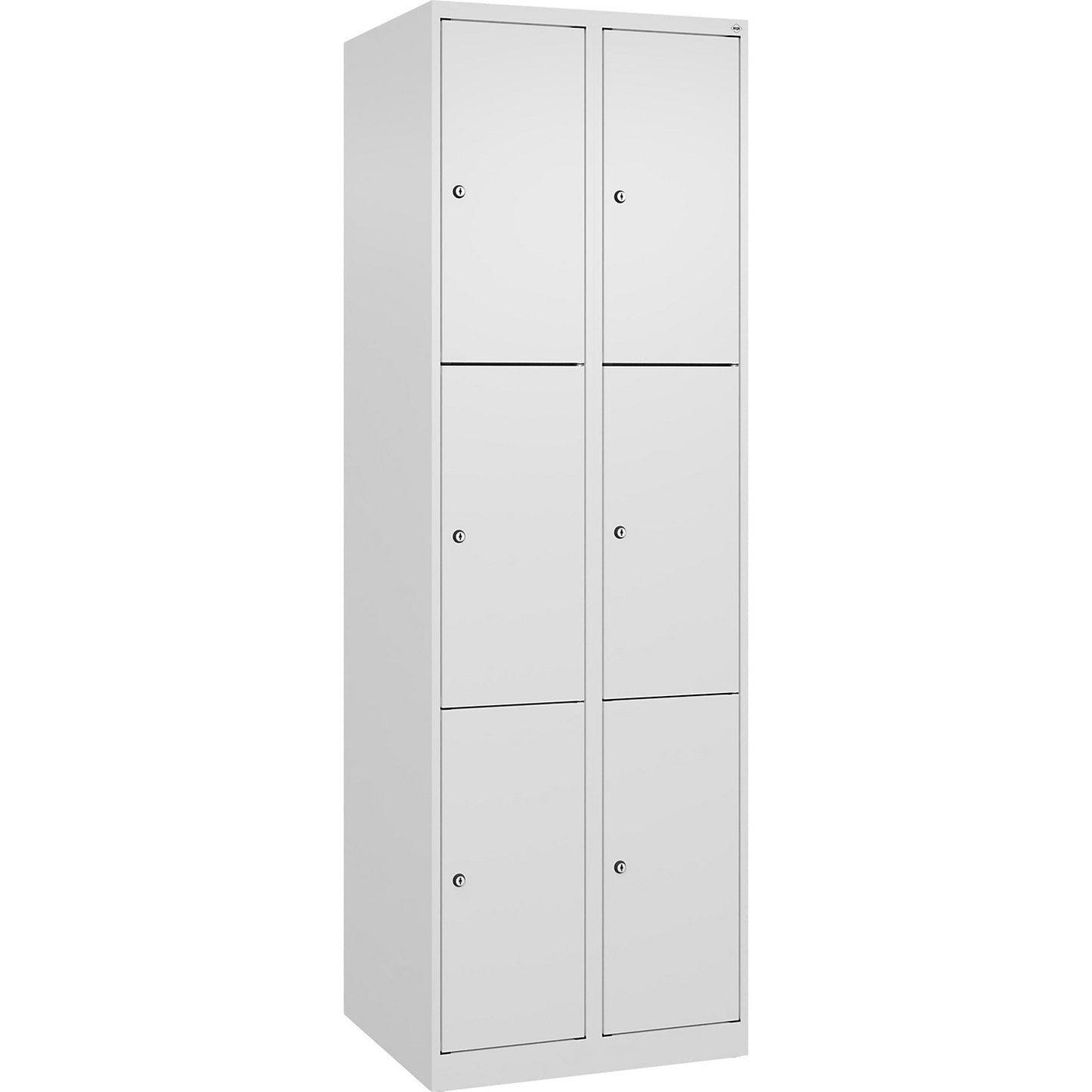 Evolo PLUS 3-fold compartment locker, 2 compartments, white, W 600 mm, 6 compartments, with floor glides, cylinder lock.