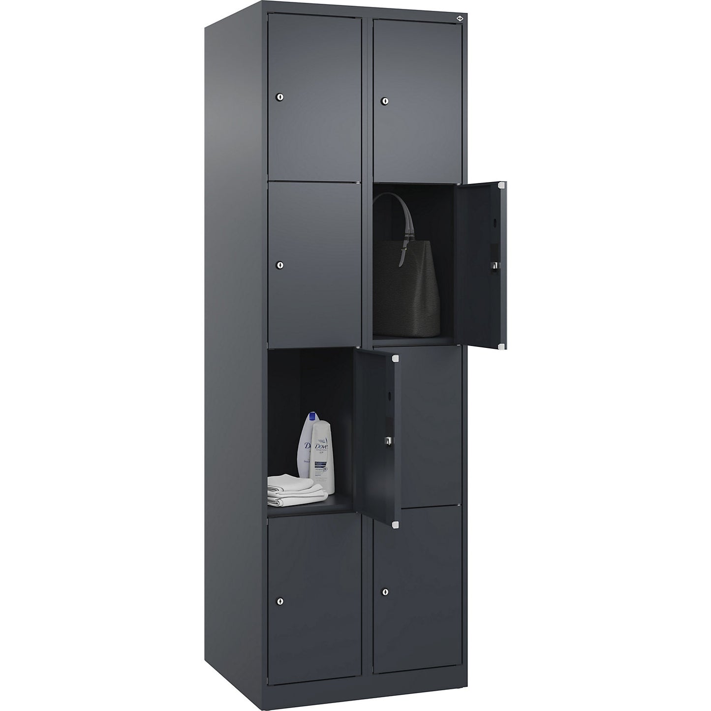 Evolo PLUS 4-fold compartment locker, 2 compartments, grey, W 600 mm, 8 compartments, with floor glides, cylinder lock.