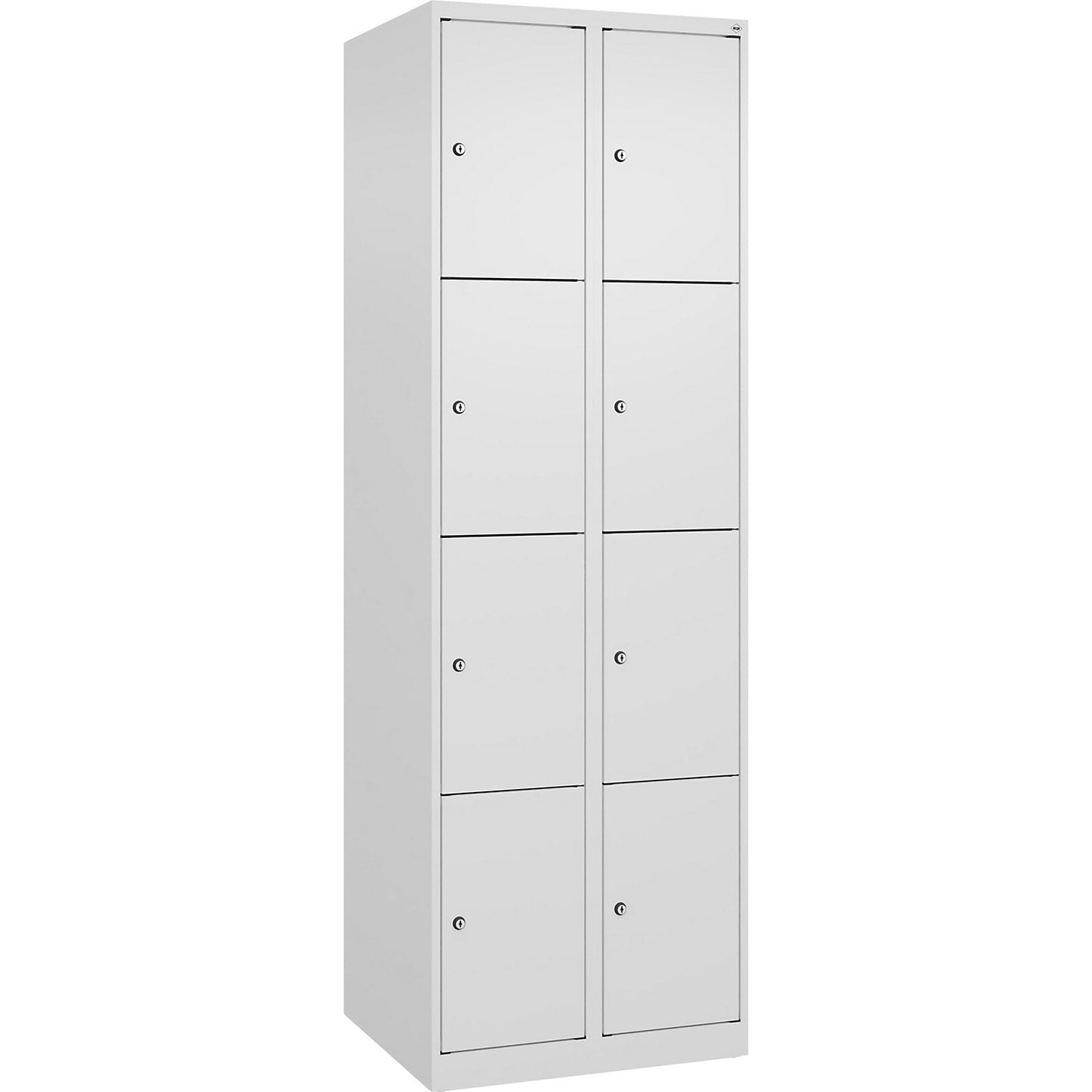 Evolo PLUS 4-fold compartment locker, 2 compartments, white, W 600 mm, 8 compartments, with floor glides, cylinder lock.