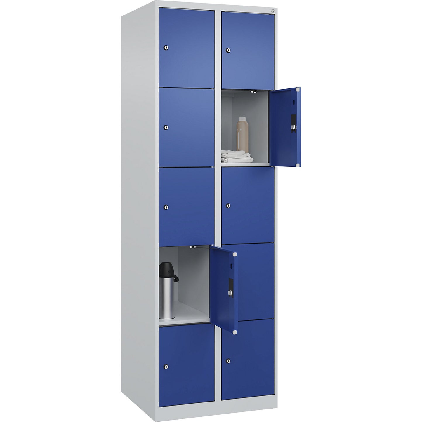 Evolo PLUS 5-fold compartment locker, 2 compartments, light grey / gentian blue, W 600 mm, 10 compartments, with floor glides, cylinder lock.