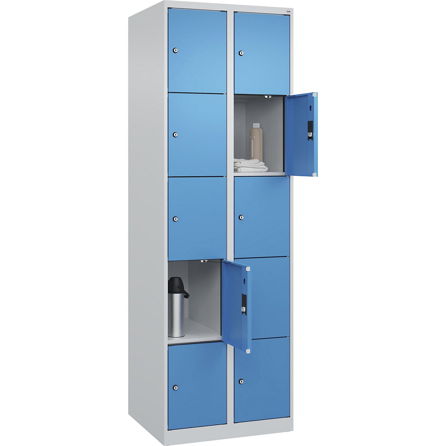 Evolo PLUS 5-fold compartment locker, 2 compartments, light grey / light blue, W 600 mm, 10 compartments, with floor glides, cylinder lock.
