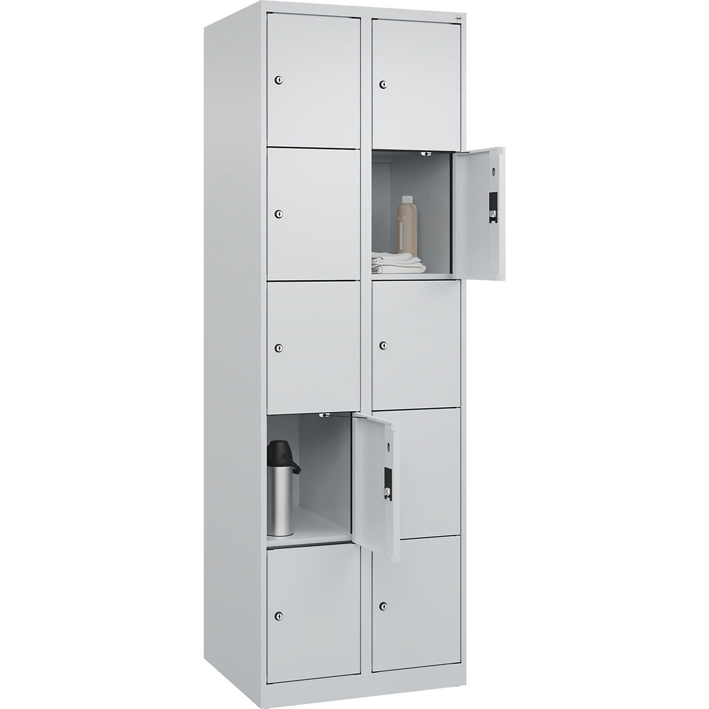 Evolo PLUS 5-fold compartment locker, 2 compartments, light grey, W 600 mm, 10 compartments, with floor glides, cylinder lock.