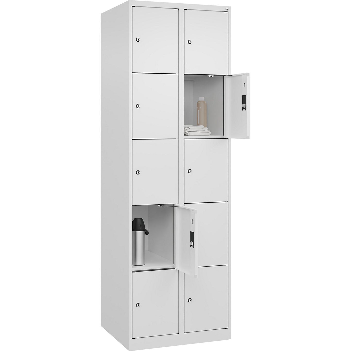 Evolo PLUS 5-fold compartment locker, 2 compartments, white, W 600 mm, 10 compartments, with floor glides, cylinder lock.