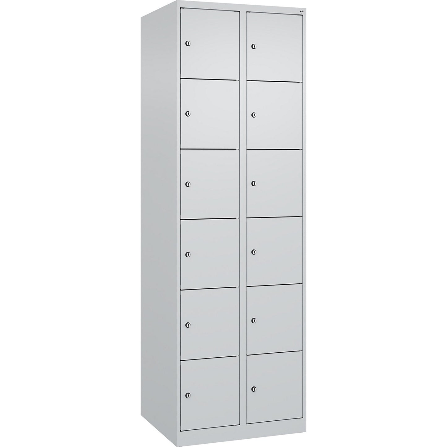 Evolo PLUS 6-fold compartment locker, 2 compartments, light grey, W 600 mm, 12 compartments, with floor glides, cylinder lock.