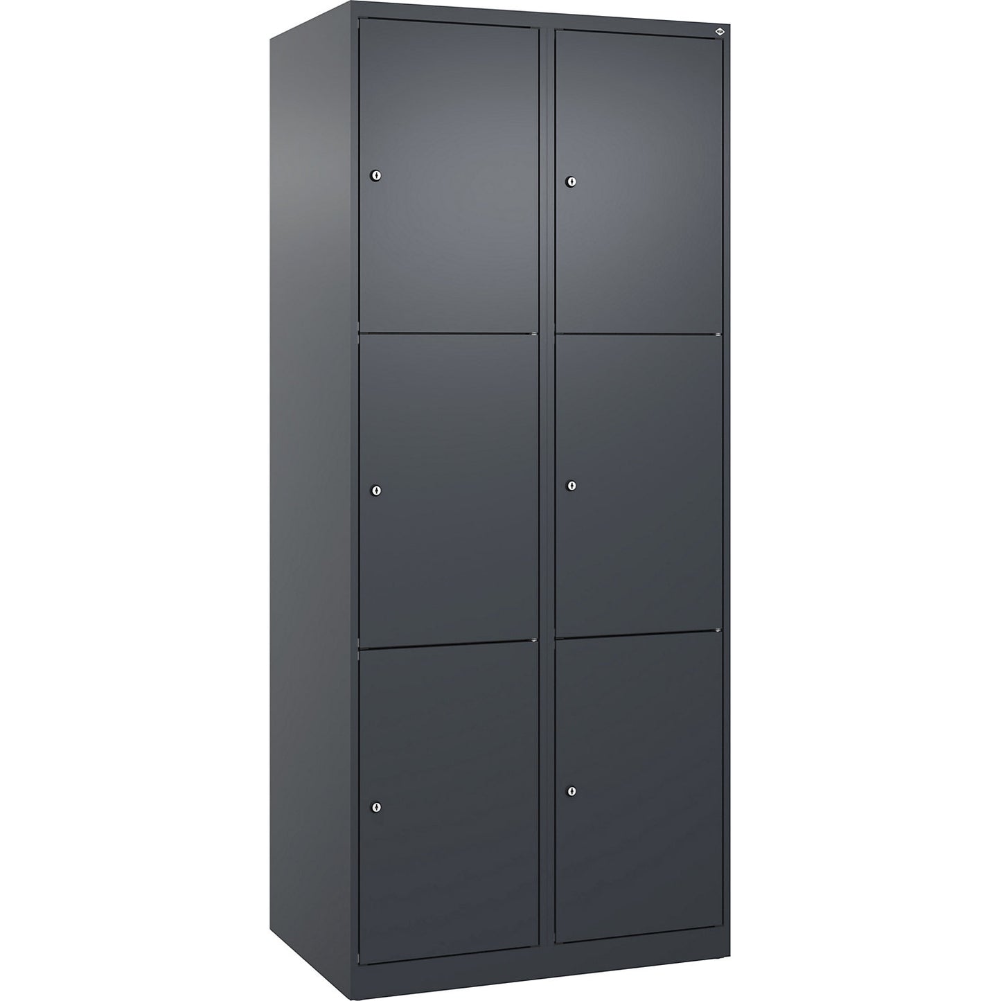 Evolo PLUS 3-fold compartment locker, 2 compartments, grey, W 800 mm, 6 compartments, with floor glides, cylinder lock.