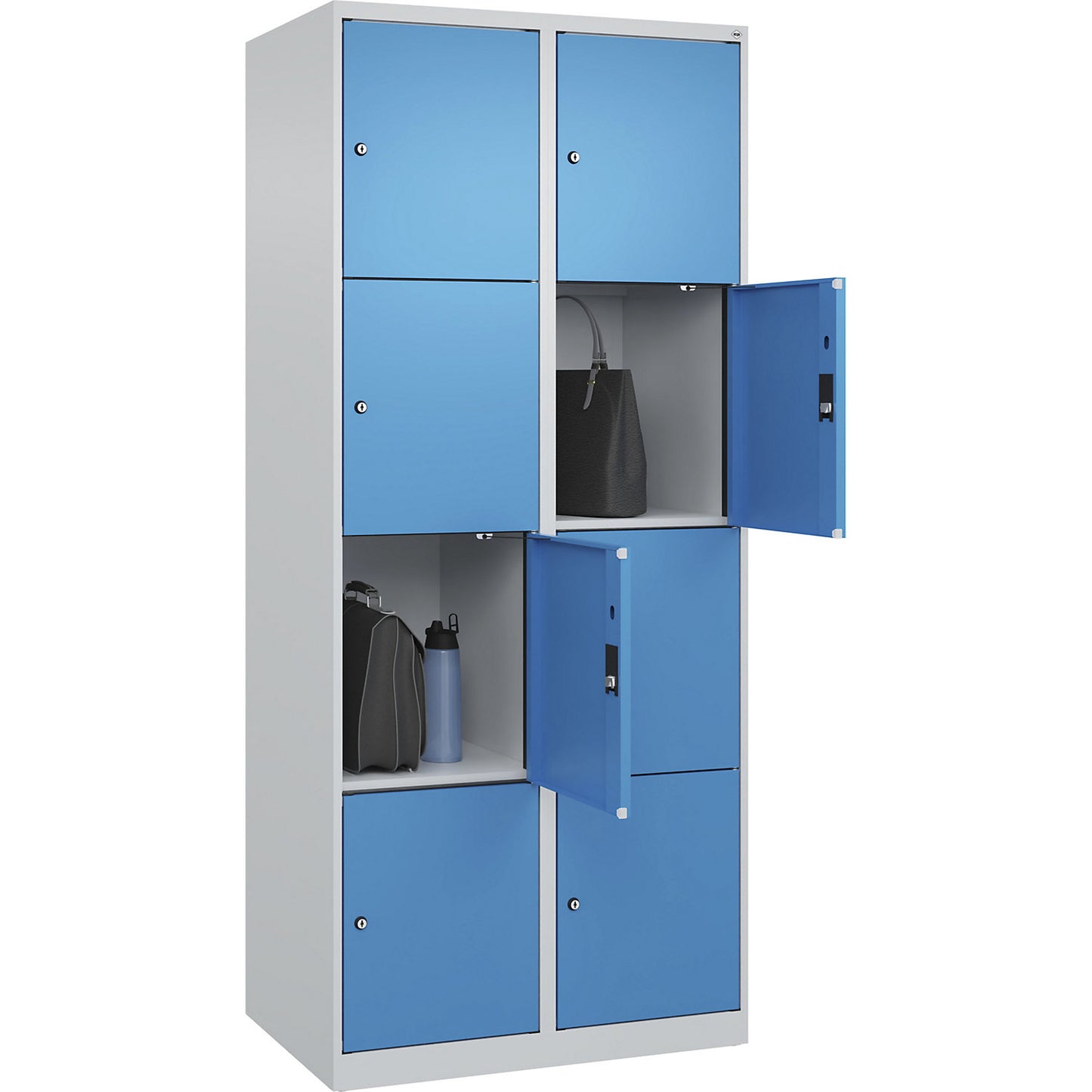 Evolo PLUS 4-fold compartment locker, 2 compartments, light grey / light blue, W 800 mm, 8 compartments, with floor glides, cylinder lock.