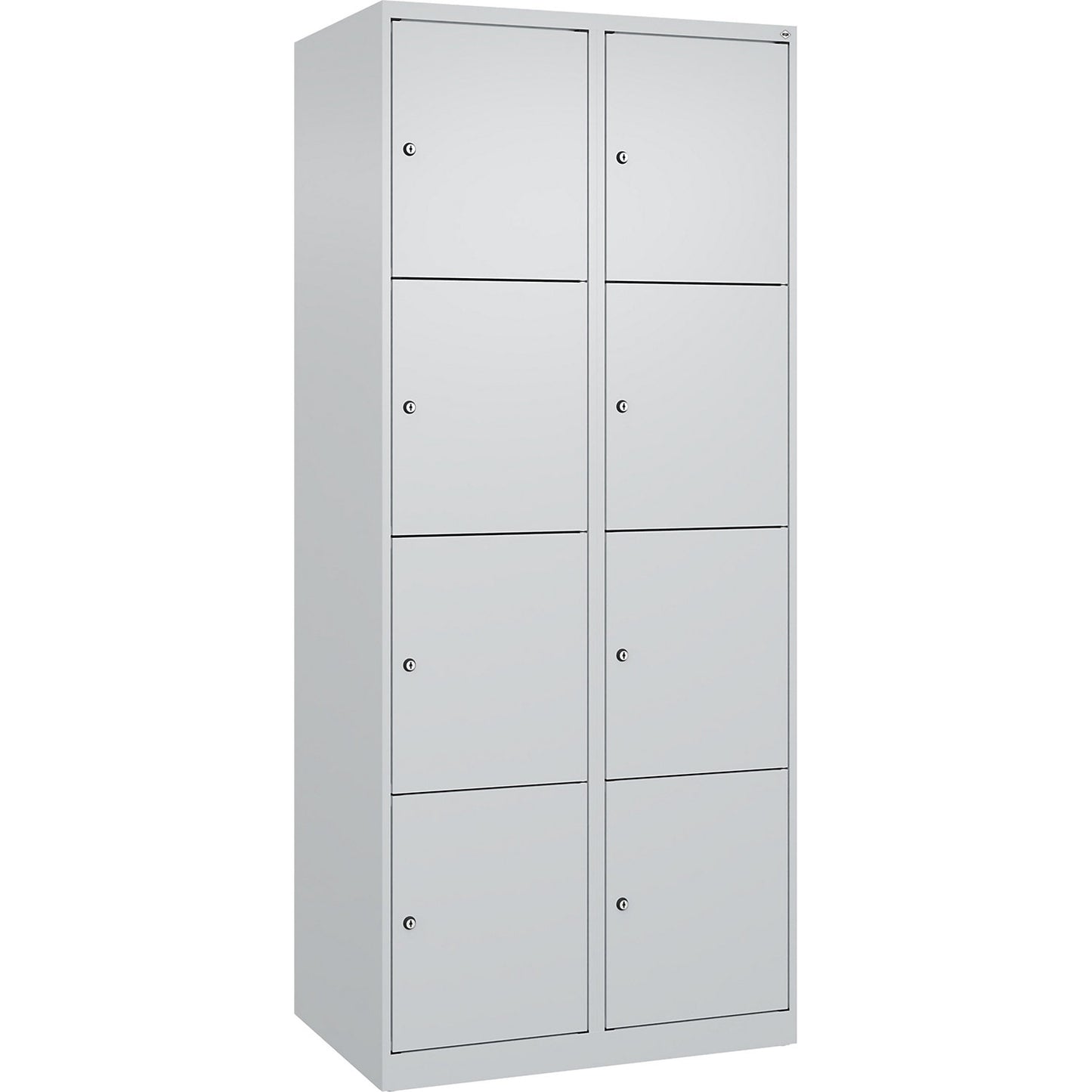 Evolo PLUS 4-fold compartment locker, 2 compartments, light grey, W 800 mm, 8 compartments, with floor glides, cylinder lock.