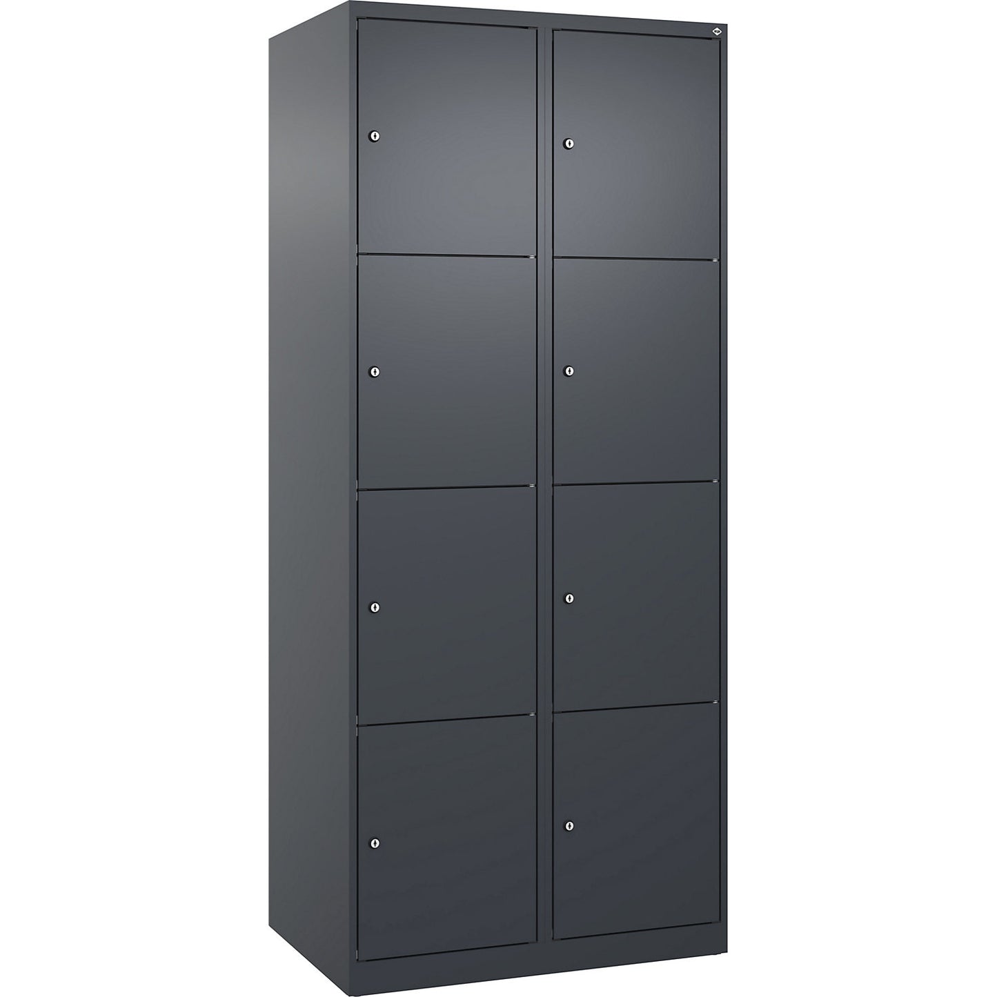 Evolo PLUS 4-fold compartment locker, 2 compartments, grey, W 800 mm, 8 compartments, with floor glides, cylinder lock.