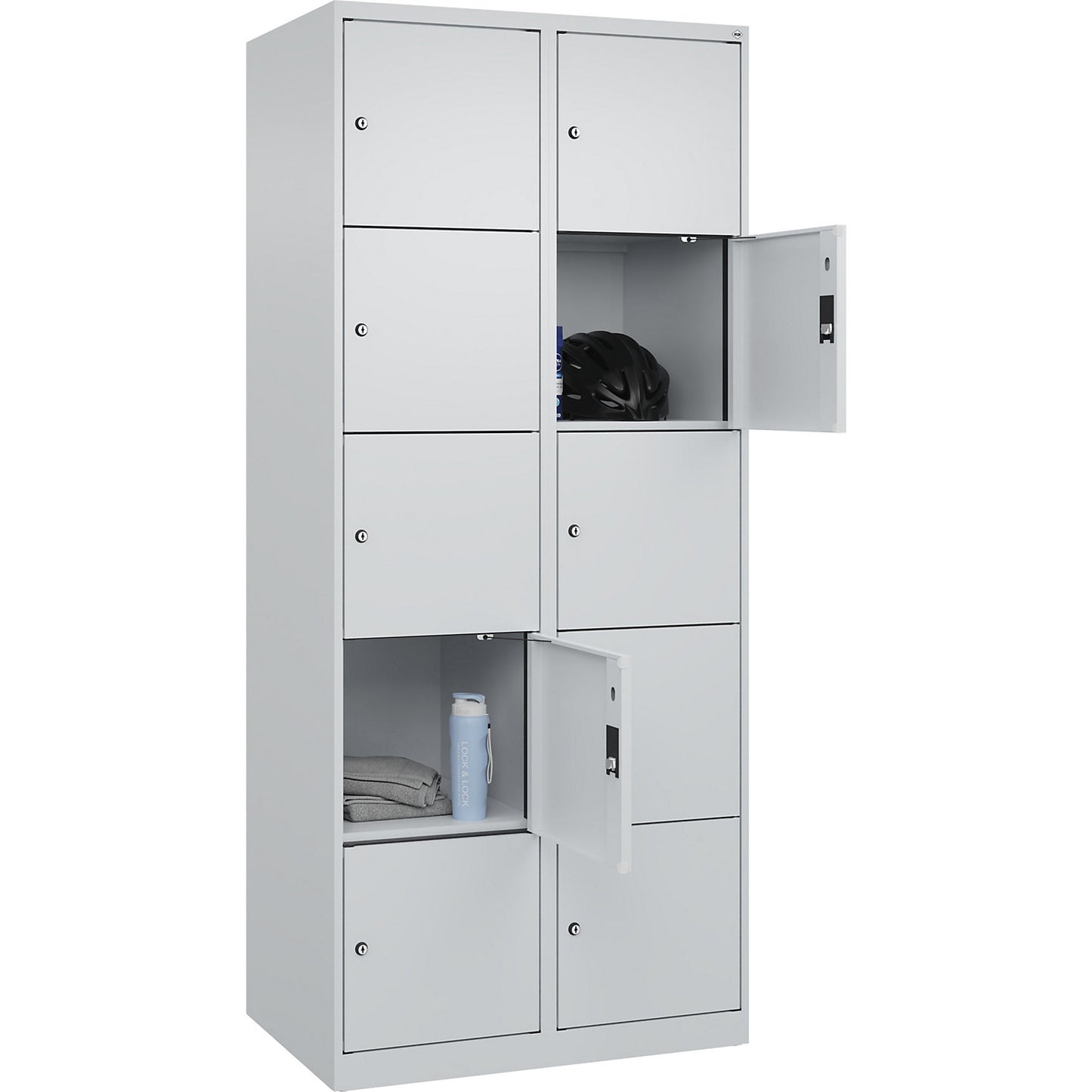 Evolo PLUS 5-fold compartment locker, 2 compartments, light grey, W 800 mm, 10 compartments, with floor glides, cylinder lock.