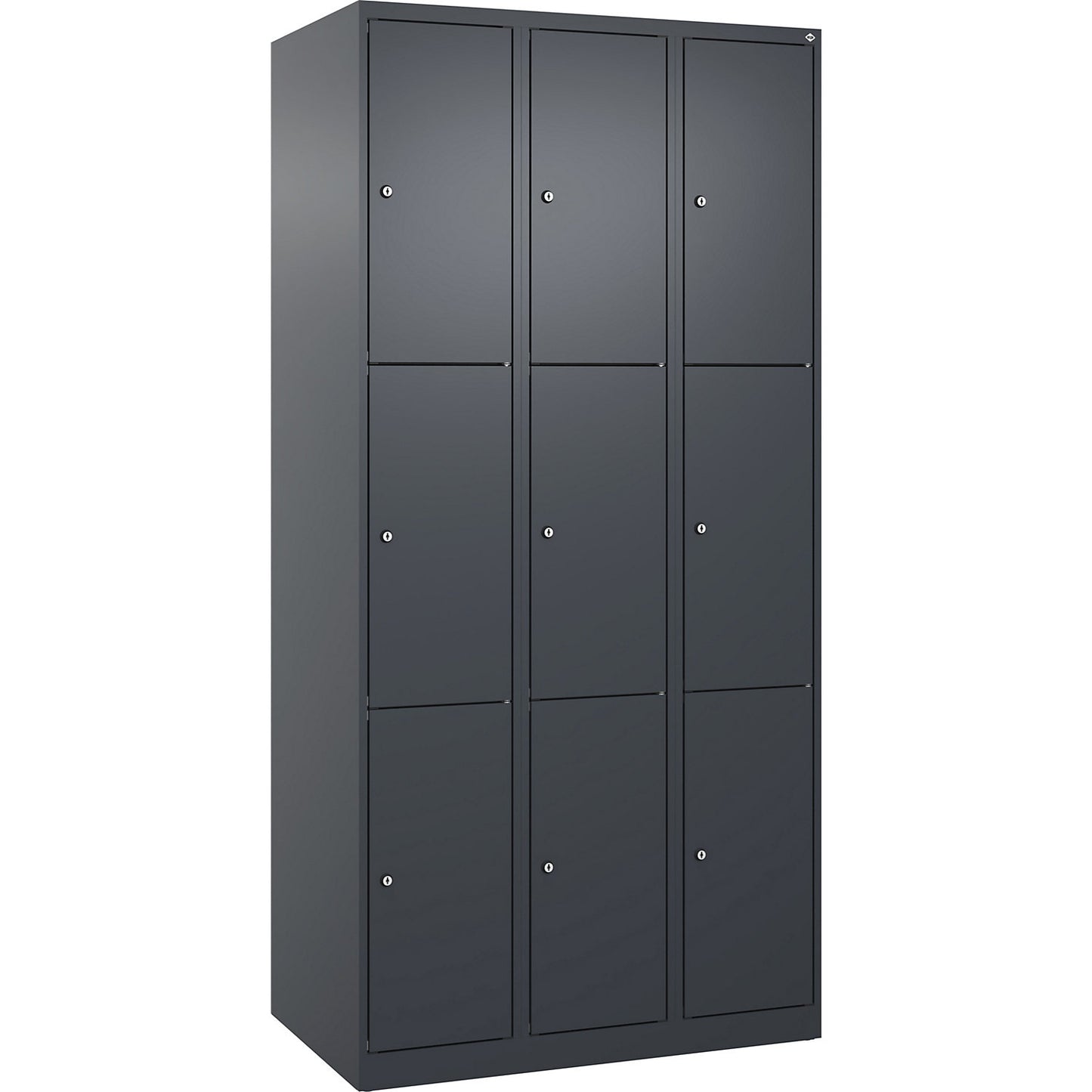 Evolo PLUS 3-fold compartment locker, 3 compartments, grey, W 900 mm, 9 compartments, with floor glides, cylinder lock.