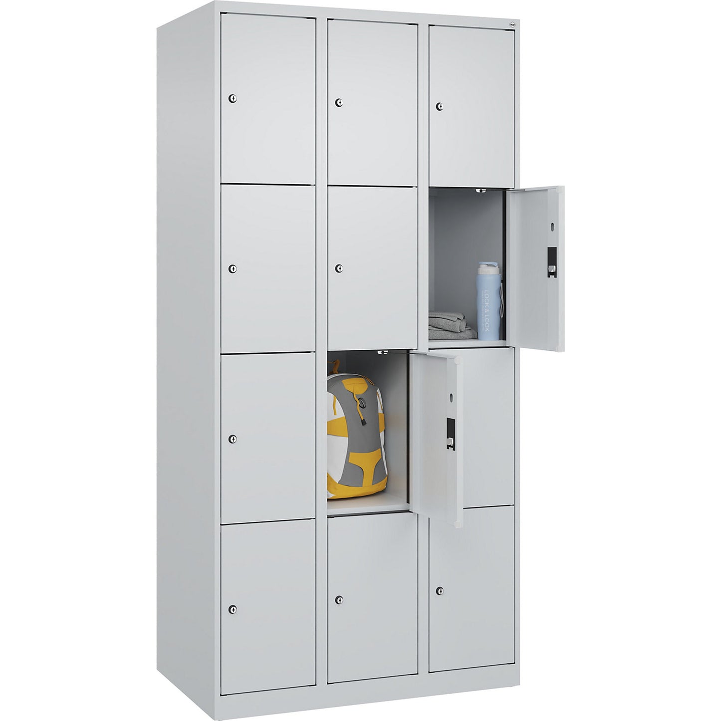 Evolo PLUS 4-fold compartment locker, 3 compartments, light grey, W 900 mm, 12 compartments, with floor glides, cylinder lock.