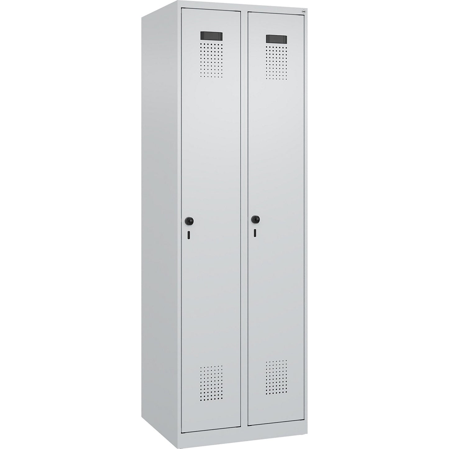 Evolo PLUS clean and dirty clothes locker, narrow, 2 compartments, shortened centre divider, light grey, W 600 mm, with floor glides, security rotary bolt.