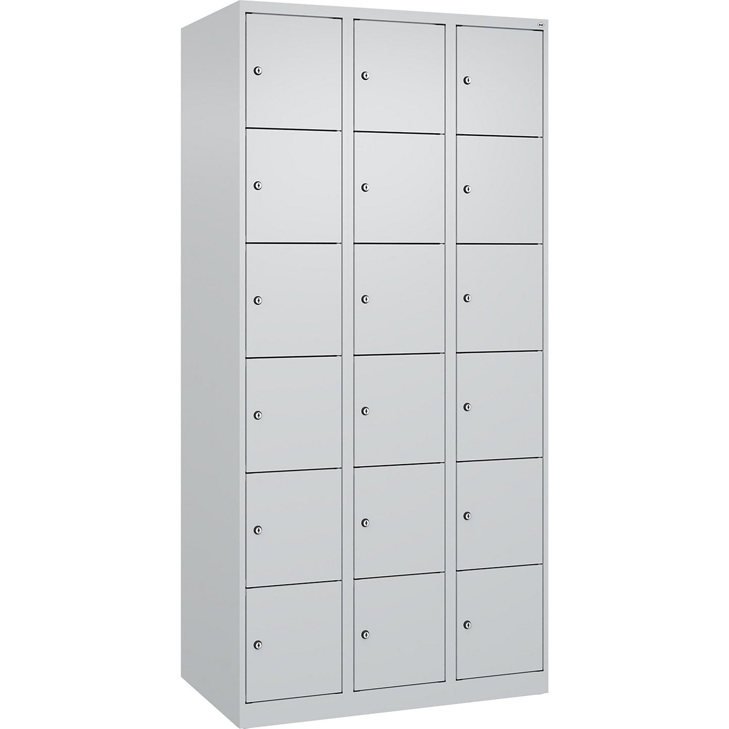 Evolo PLUS 6-fold compartment locker, 3 compartments, light grey, W 900 mm, 18 compartments, with floor glides, cylinder lock.