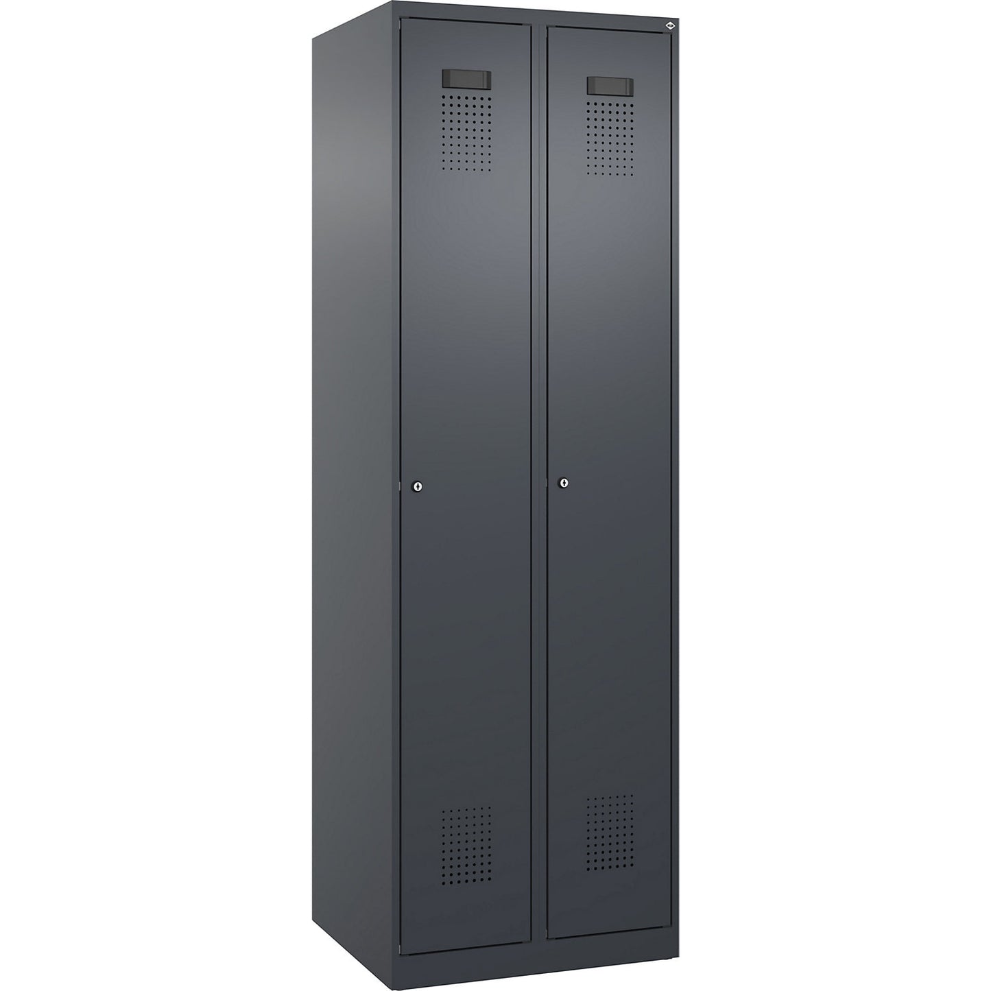Evolo PLUS clean and dirty clothes locker, narrow, 2 compartments, shortened centre divider, grey, W 600 mm, with floor glides, cylinder lock.