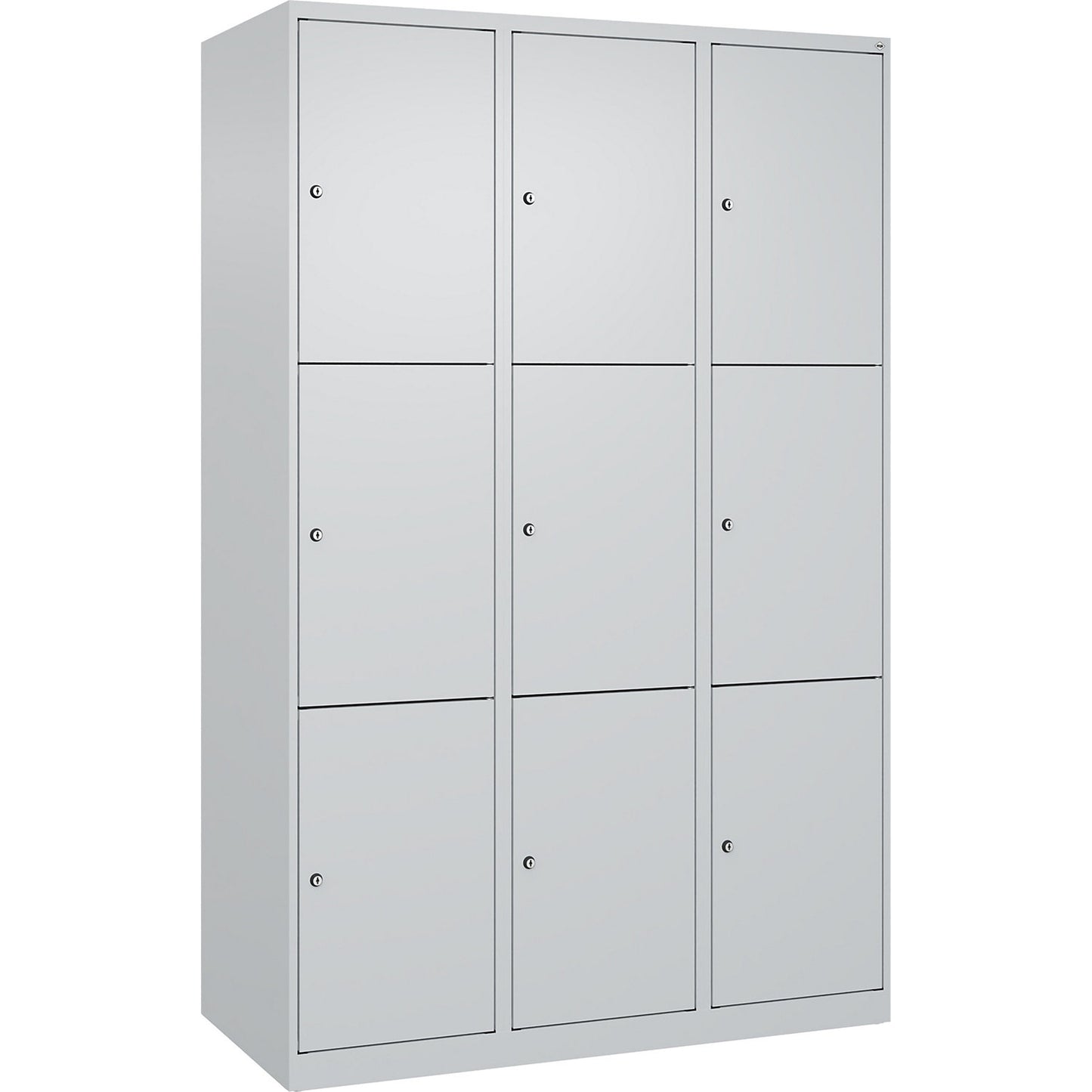 Evolo PLUS 3-fold compartment locker, 3 compartments, light grey, W 1200 mm, 9 compartments, with floor glides, cylinder lock.