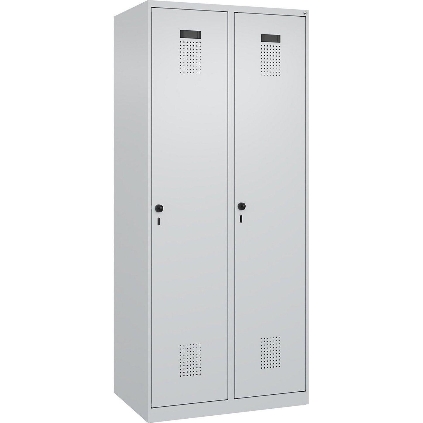Evolo PLUS clean and dirty clothes locker, narrow, 2 compartments, shortened centre divider, light grey, W 800 mm, with floor glides, security rotary bolt.