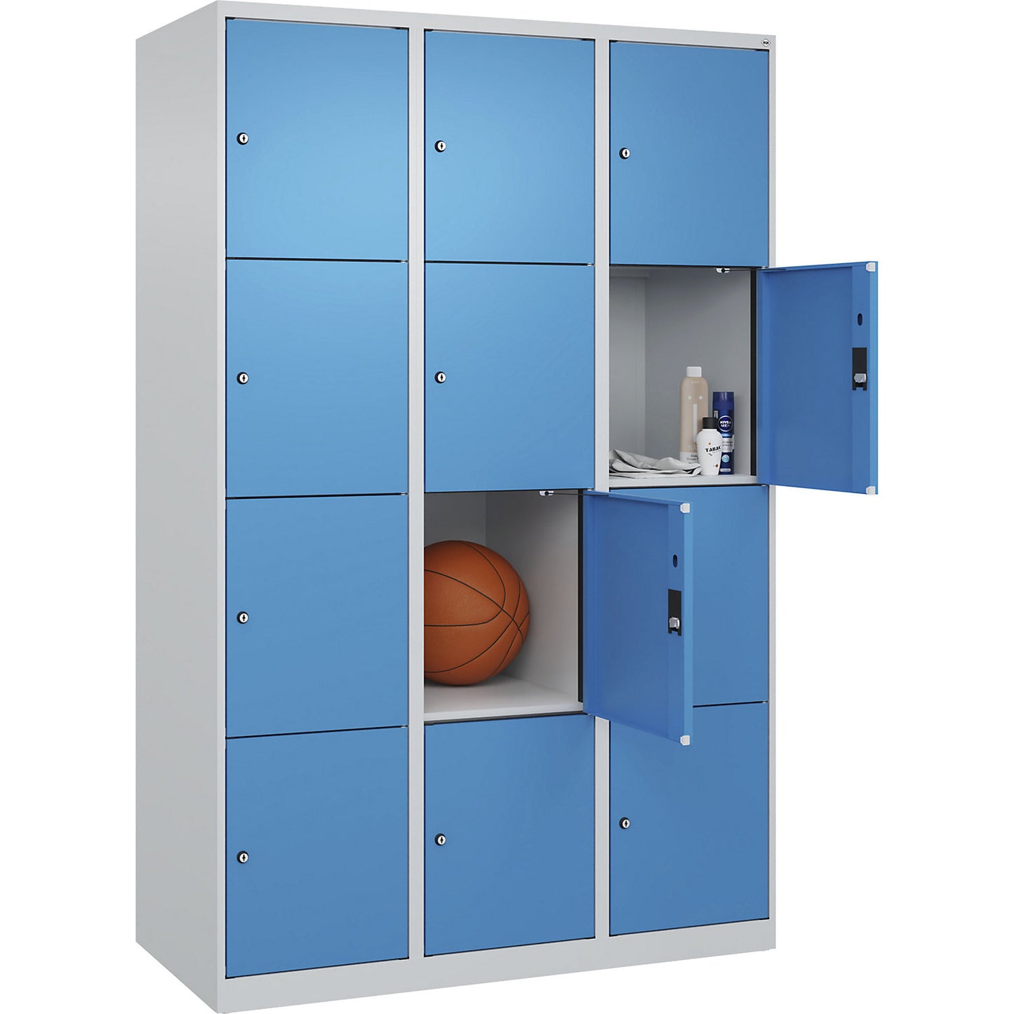 Evolo PLUS 4-fold compartment locker, 3 compartments, light grey / light blue, W 1200 mm, 12 compartments, with floor glides, cylinder lock.