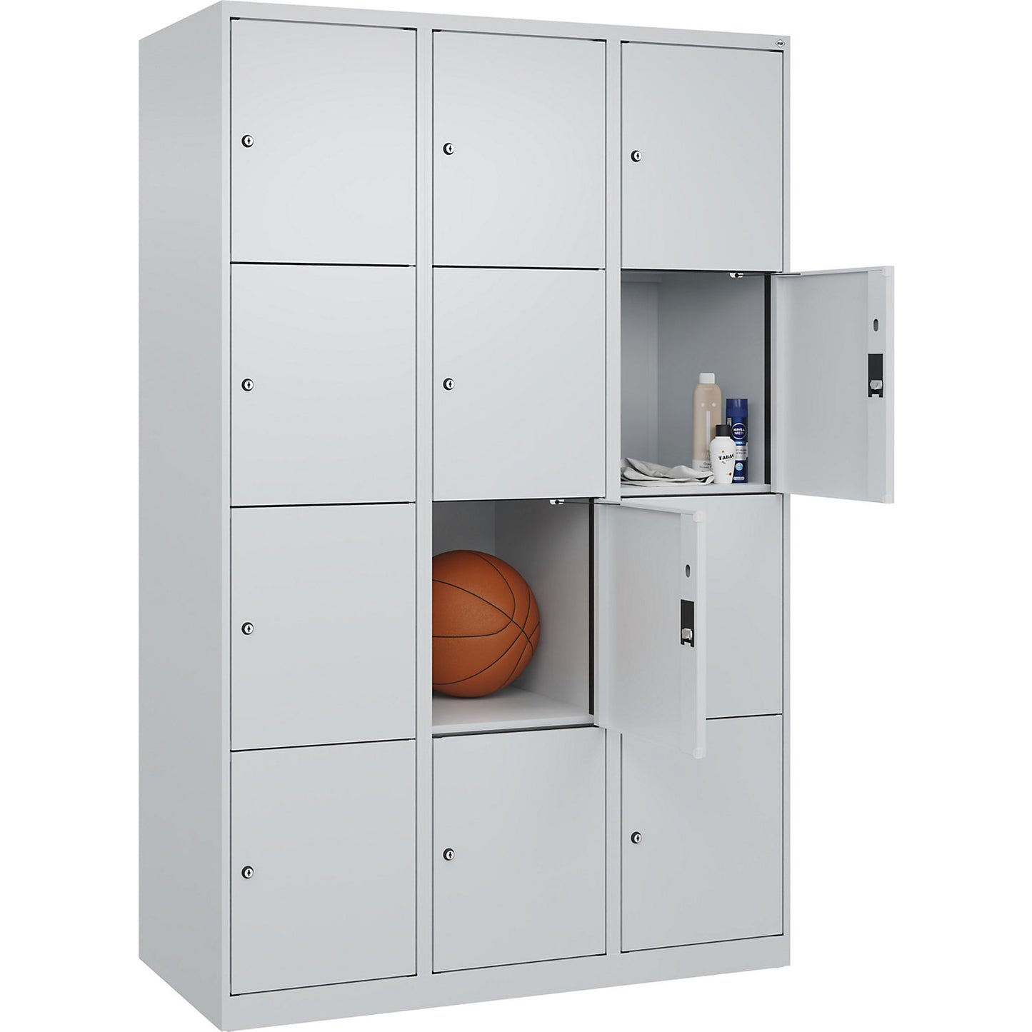 Evolo PLUS 4-fold compartment locker, 3 compartments, light grey, W 1200 mm, 12 compartments, with floor glides, cylinder lock.