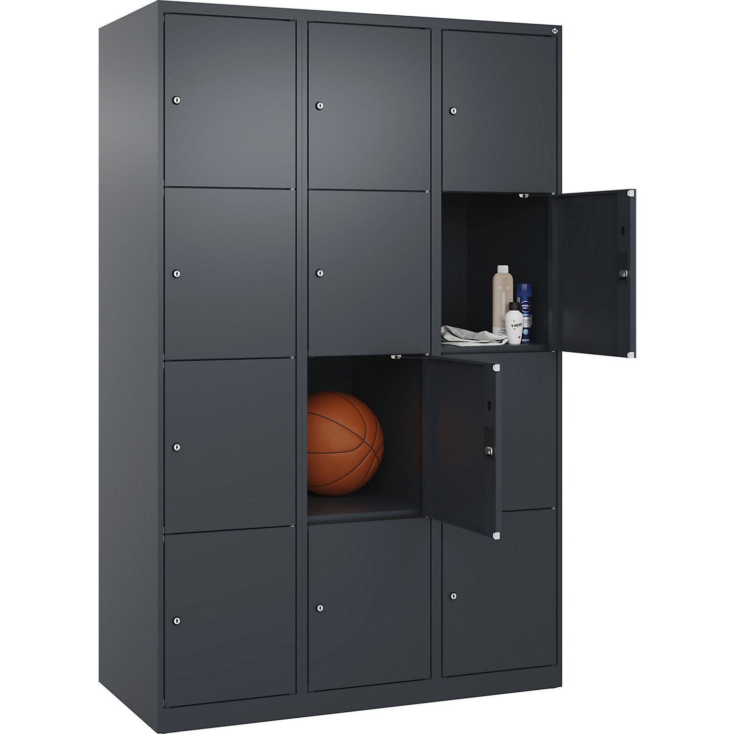 Evolo PLUS 4-fold compartment locker, 3 compartments, grey, W 1200 mm, 12 compartments, with floor glides, cylinder lock.