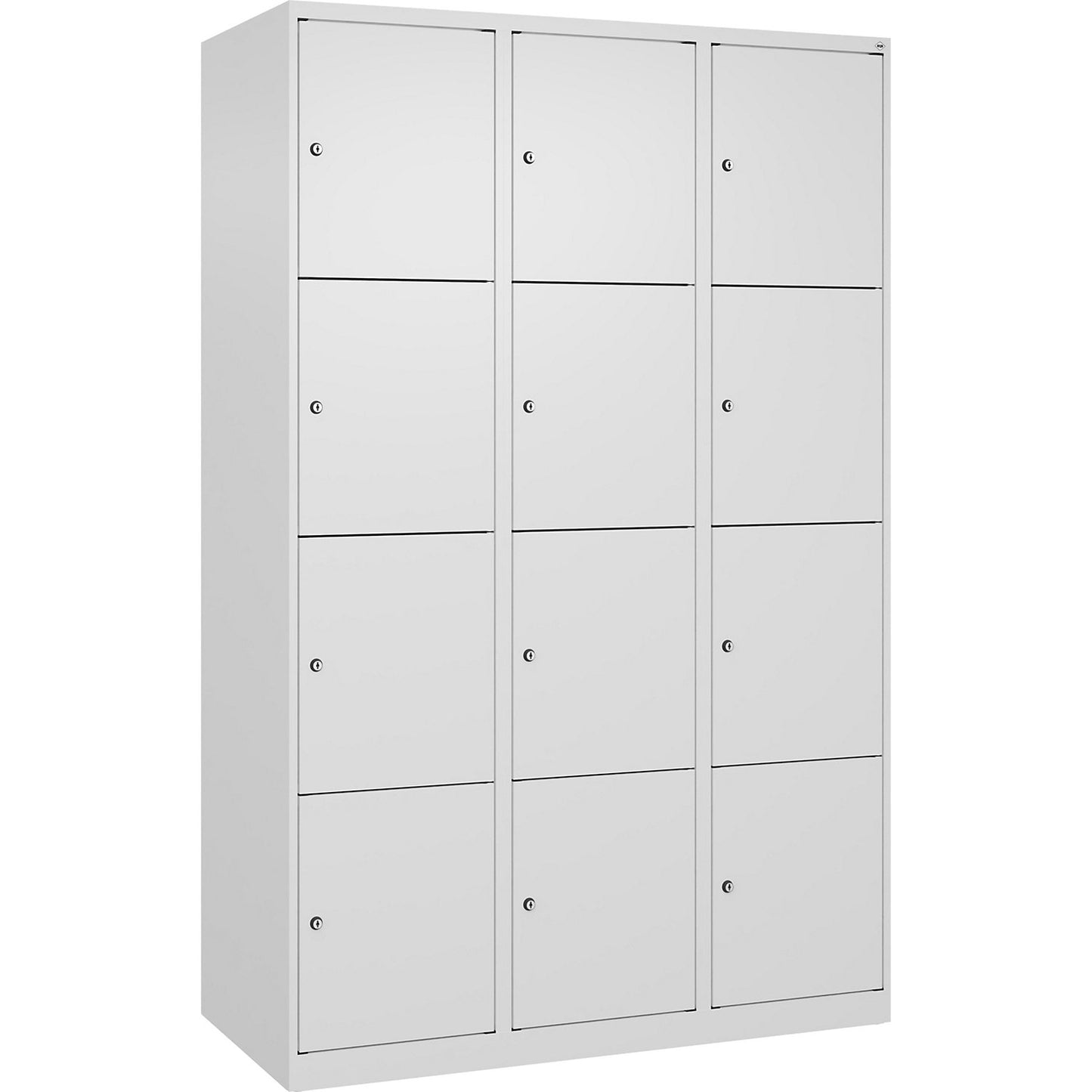 Evolo PLUS 4-fold compartment locker, 3 compartments, white, W 1200 mm, 12 compartments, with floor glides, cylinder lock.