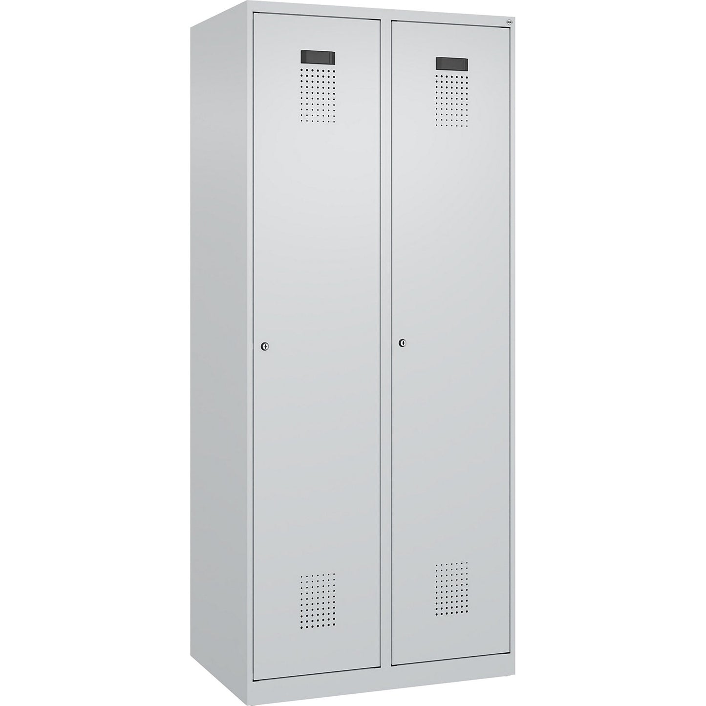 Evolo PLUS clean and dirty clothes locker, narrow, 2 compartments, shortened centre divider, light grey, W 800 mm, with floor glides, cylinder lock.