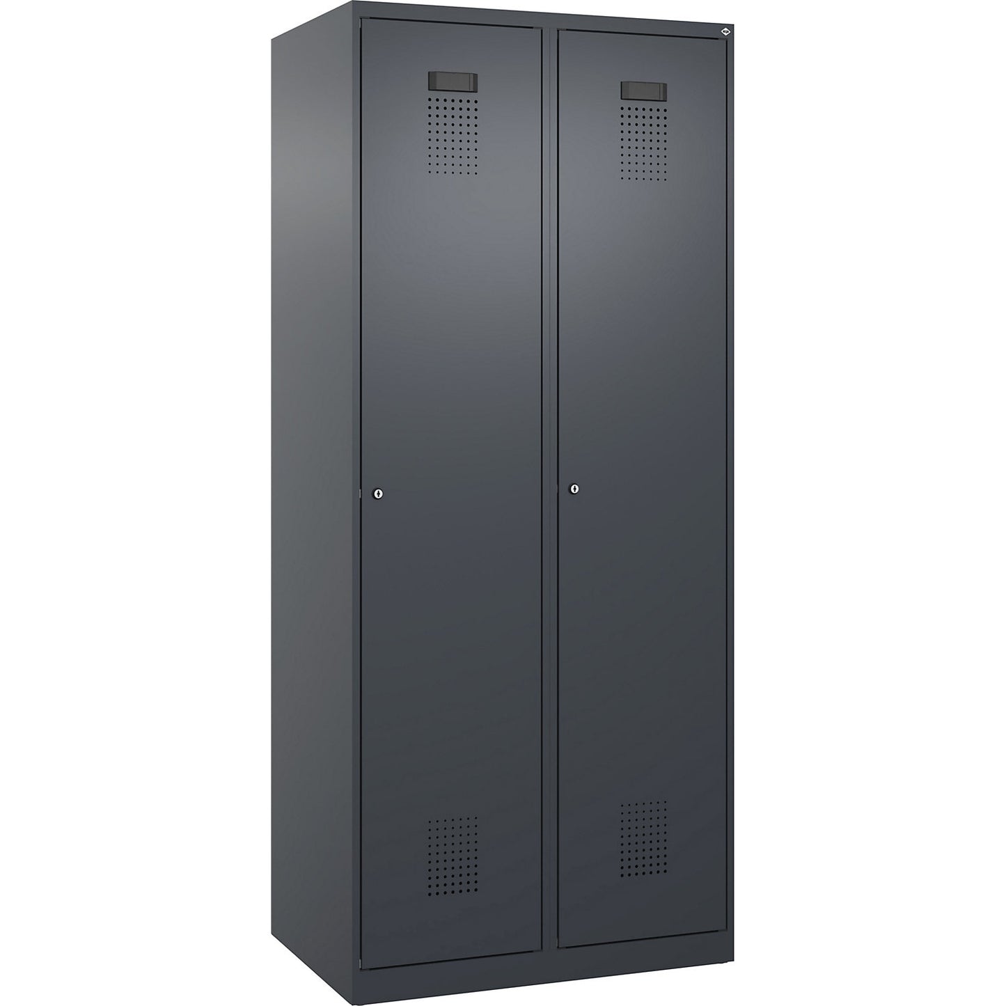 Evolo PLUS clean and dirty clothes locker, narrow, 2 compartments, shortened centre divider, grey, W 800 mm, with floor glides, cylinder lock.