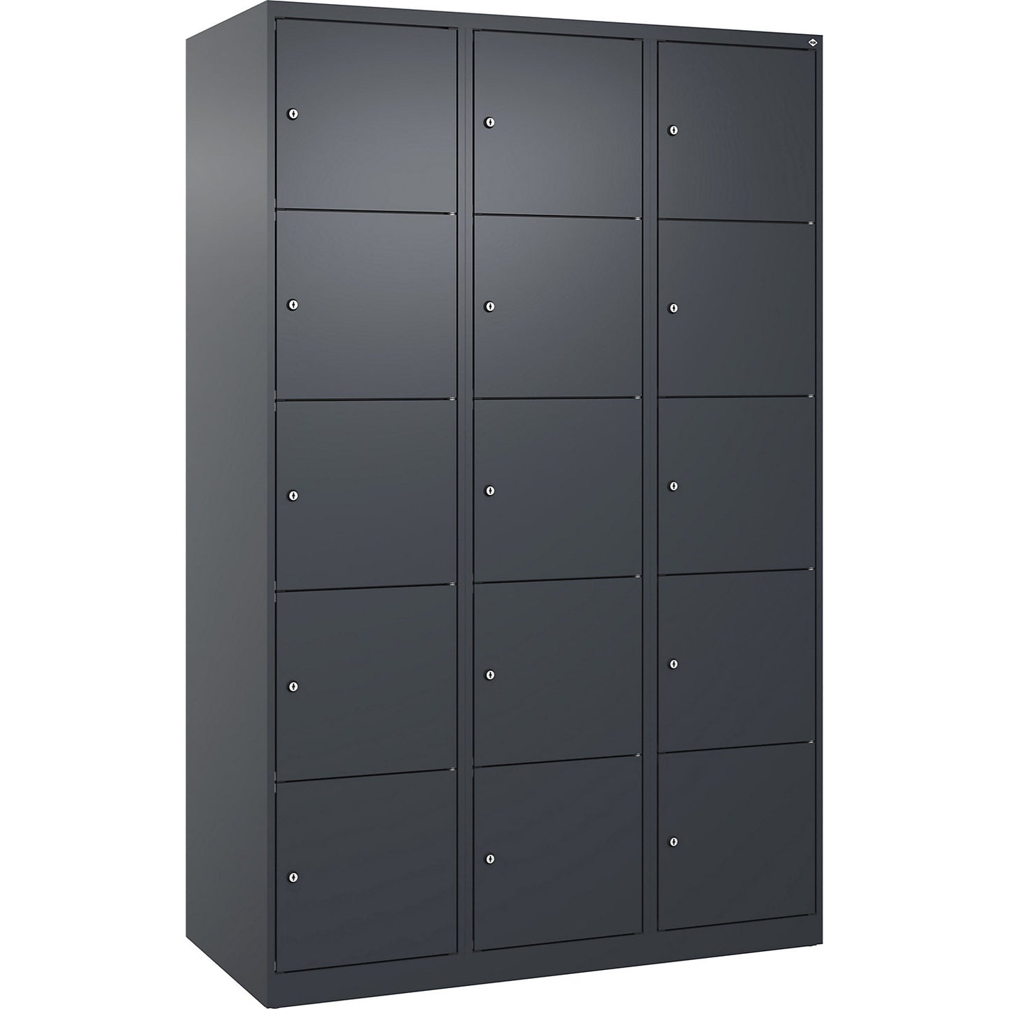 Evolo PLUS 5-fold compartment locker, 3 compartments, grey, W 1200 mm, 15 compartments, with floor glides, cylinder lock.