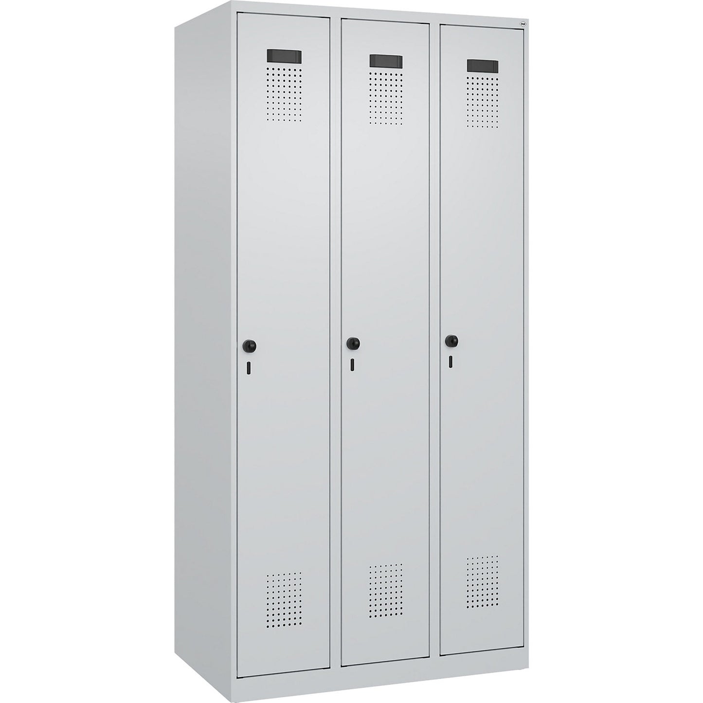 Evolo PLUS clean and dirty clothes locker, narrow, 3 compartments, shortened centre divider, light grey, W 900 mm, with floor glides, security rotary bolt.