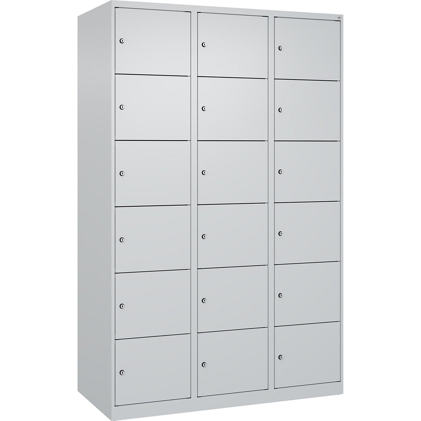 Evolo PLUS 6-fold compartment locker, 3 compartments, light grey, W 1200 mm, 18 compartments, with floor glides, cylinder lock.