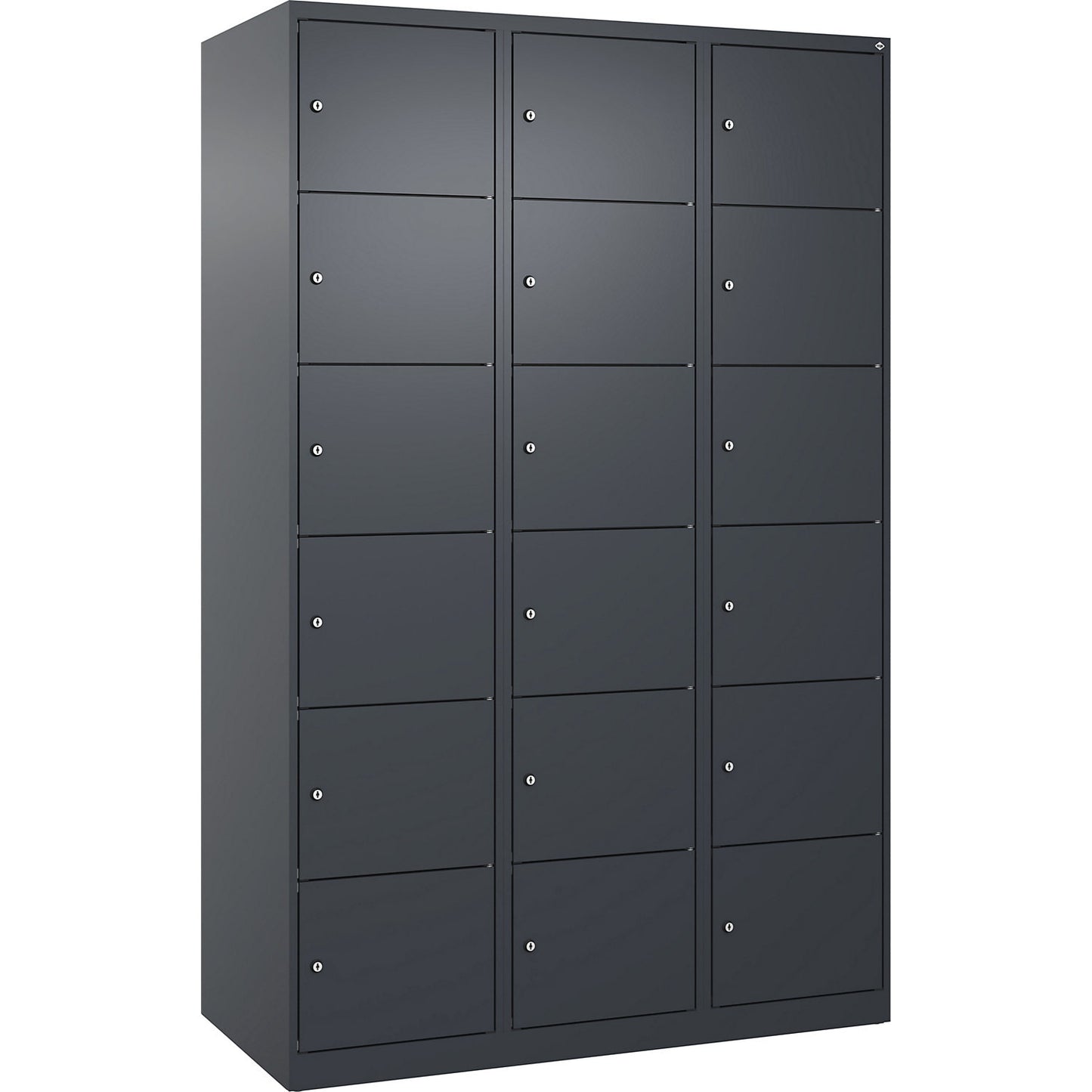 Evolo PLUS 6-fold compartment locker, 3 compartments, grey, W 1200 mm, 18 compartments, with floor glides, cylinder lock.