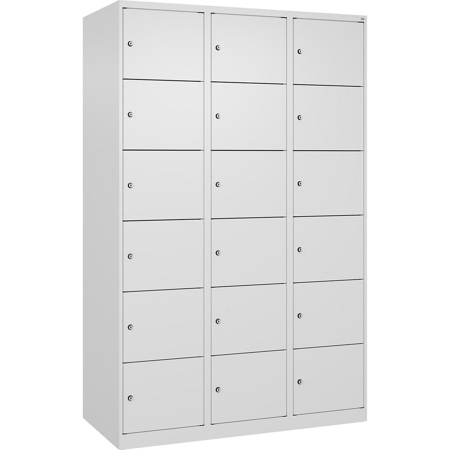 Evolo PLUS 6-fold compartment locker, 3 compartments, white, W 1200 mm, 18 compartments, with floor glides, cylinder lock.