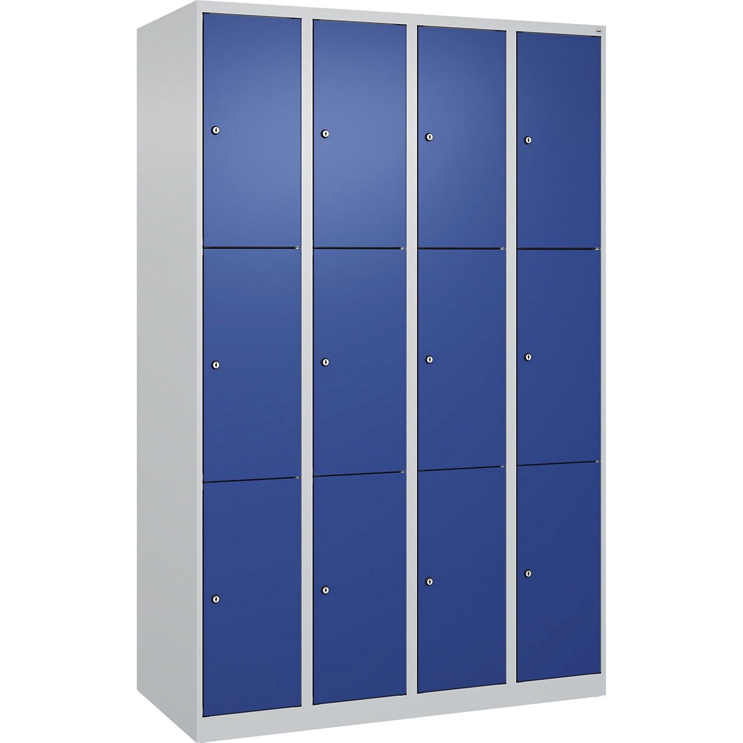 Evolo PLUS 3-fold compartment locker, 4 compartments, light grey / gentian blue, W 1200 mm, 12 compartments, with floor glides, cylinder lock.