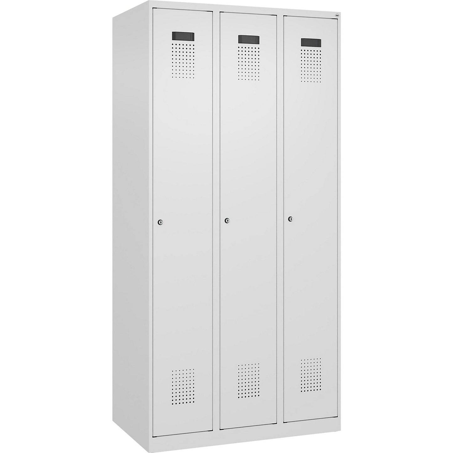 Evolo PLUS clean and dirty clothes locker, narrow, 3 compartments, shortened centre divider, white, W 900 mm, with floor glides, cylinder lock.