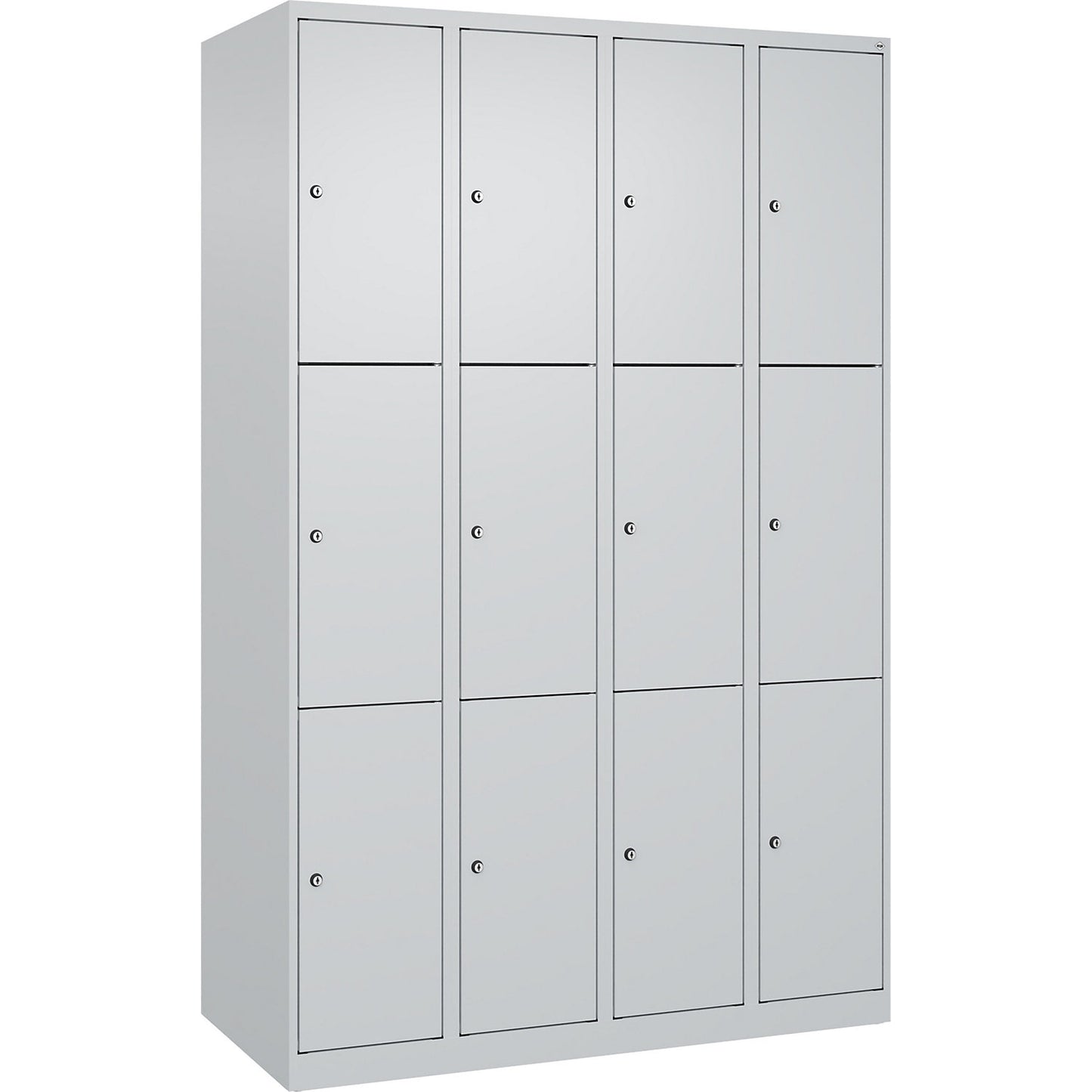 Evolo PLUS 3-fold compartment locker, 4 compartments, light grey, W 1200 mm, 12 compartments, with floor glides, cylinder lock.