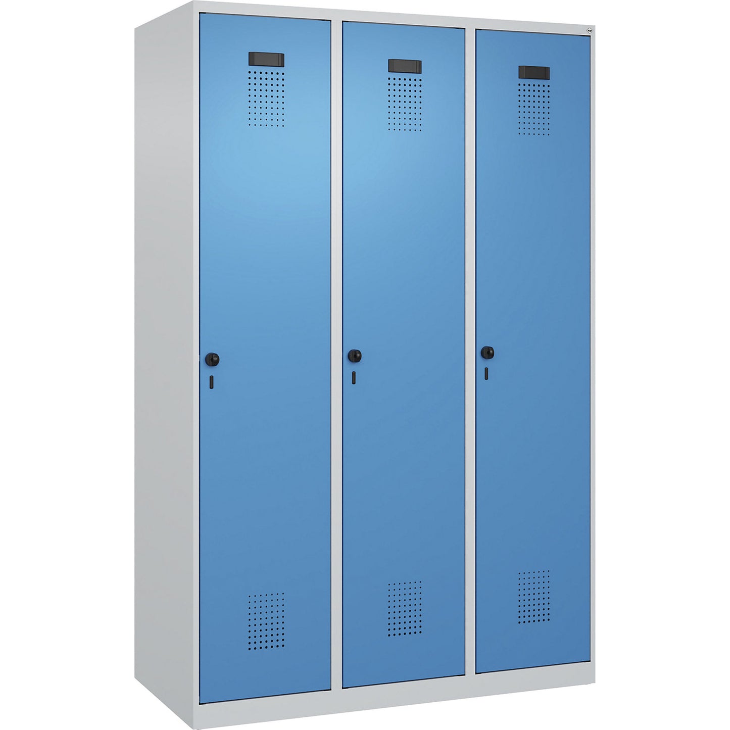 Evolo PLUS clean and dirty clothes locker, narrow, 3 compartments, shortened centre divider, light grey / light blue, W 1200 mm, with floor glides, security rotary bolt.