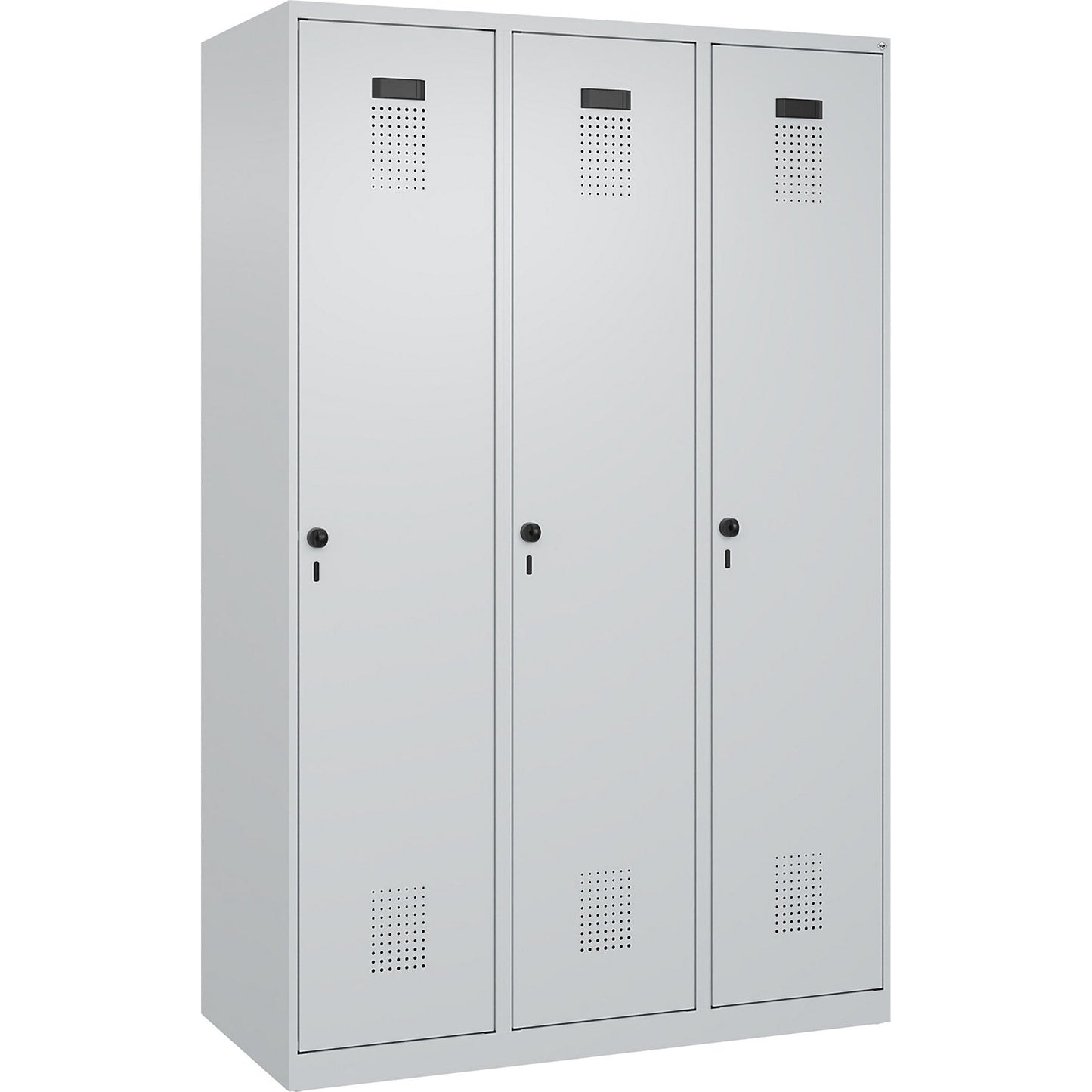 Evolo PLUS clean and dirty clothes locker, narrow, 3 compartments, shortened centre divider, light grey, W 1200 mm, with floor glides, security rotary bolt.