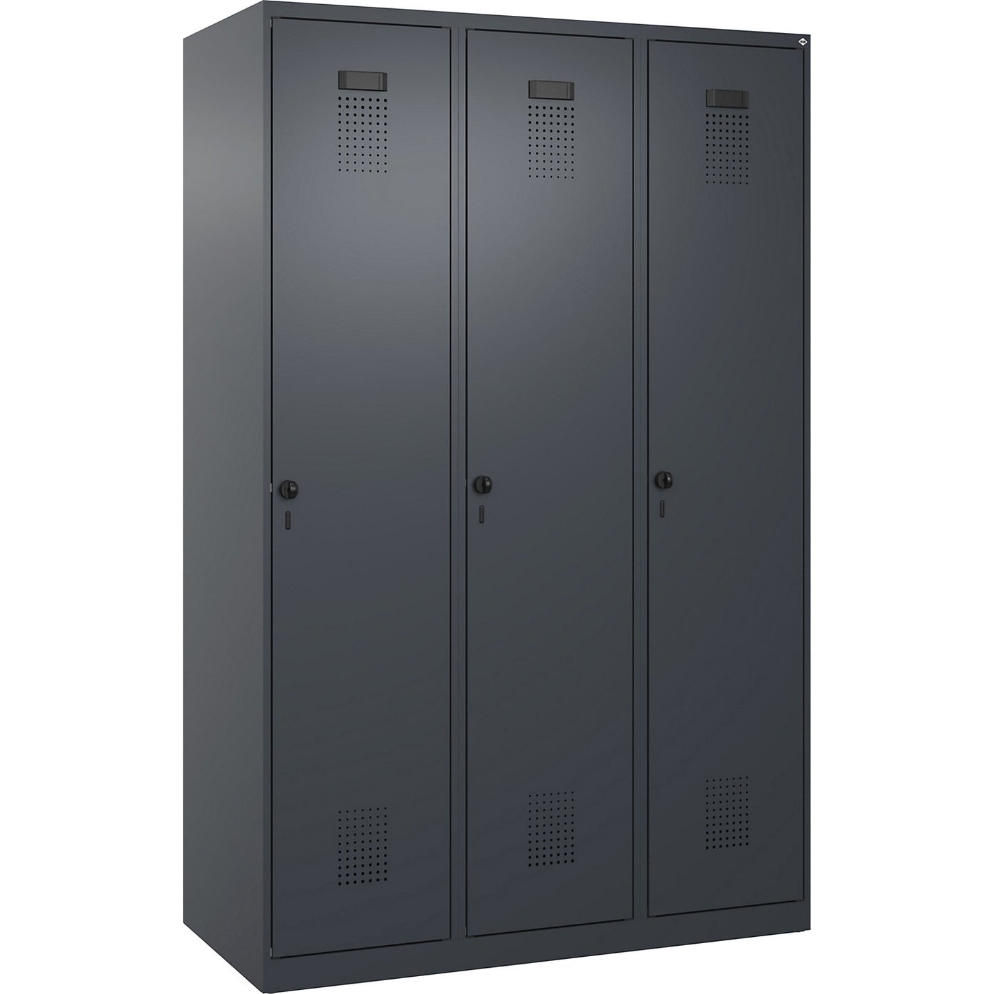Evolo PLUS clean and dirty clothes locker, narrow, 3 compartments, shortened centre divider, grey, W 1200 mm, with floor glides, security rotary bolt.
