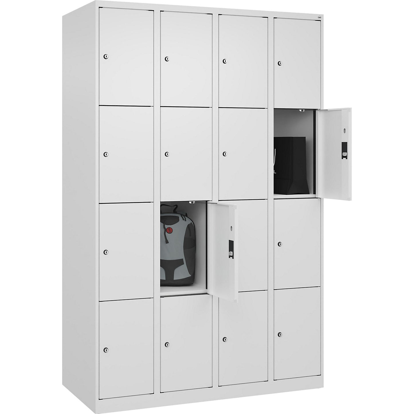 Evolo PLUS 4-fold compartment locker, 4 compartments, white, W 1200 mm, 16 compartments, with floor glides, cylinder lock.