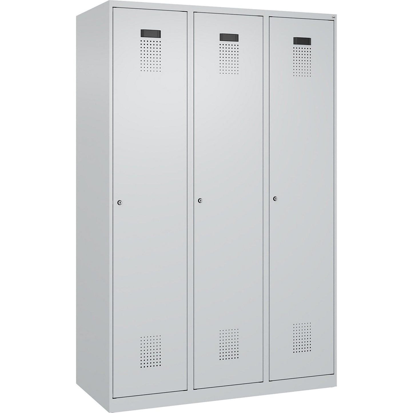 Evolo PLUS clean and dirty clothes locker, narrow, 3 compartments, shortened centre divider, light grey, W 1200 mm, with floor glides, cylinder lock.