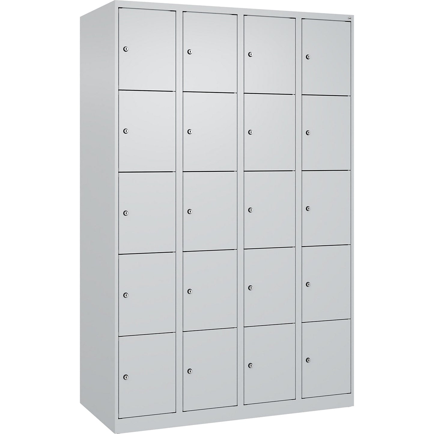 Evolo PLUS 5-fold compartment locker, 4 compartments, light grey, W 1200 mm, 20 compartments, with floor glides, cylinder lock.