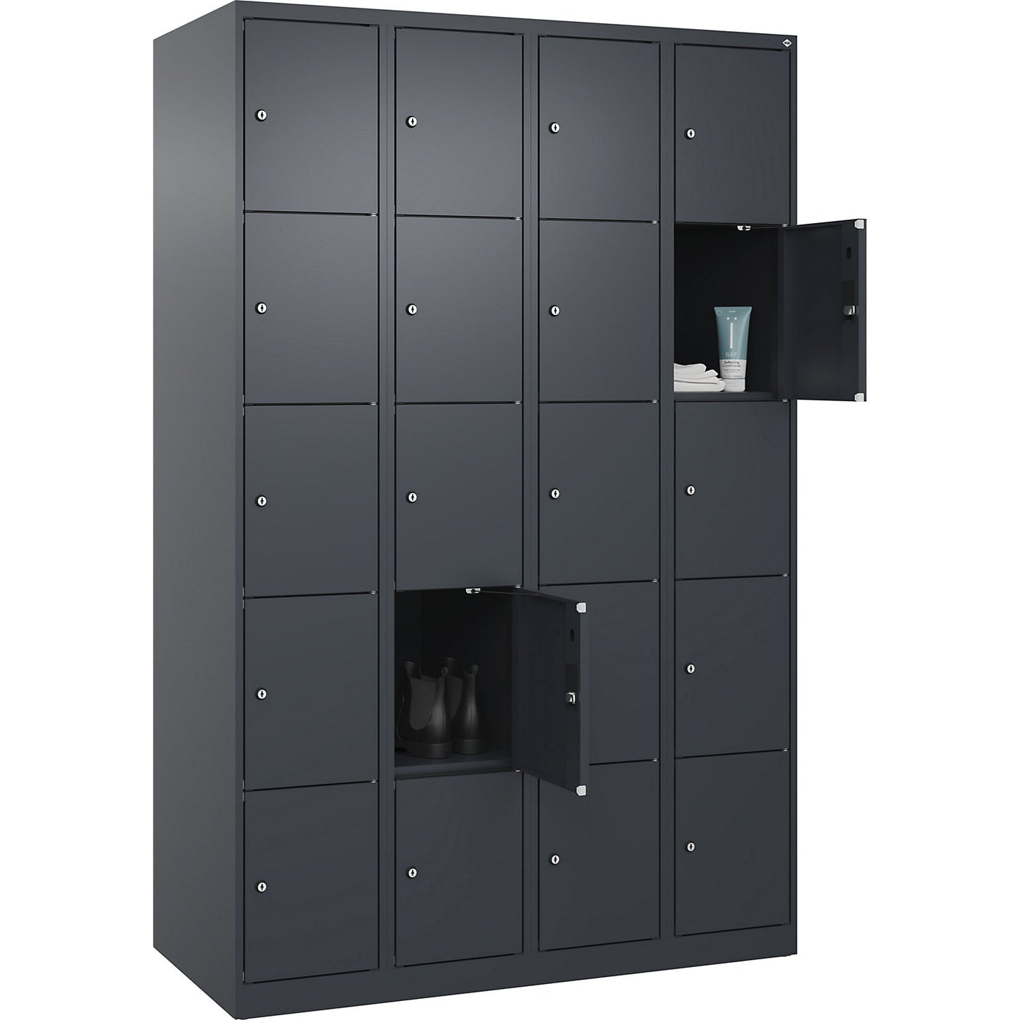 Evolo PLUS 5-fold compartment locker, 4 compartments, grey, W 1200 mm, 20 compartments, with floor glides, cylinder lock.