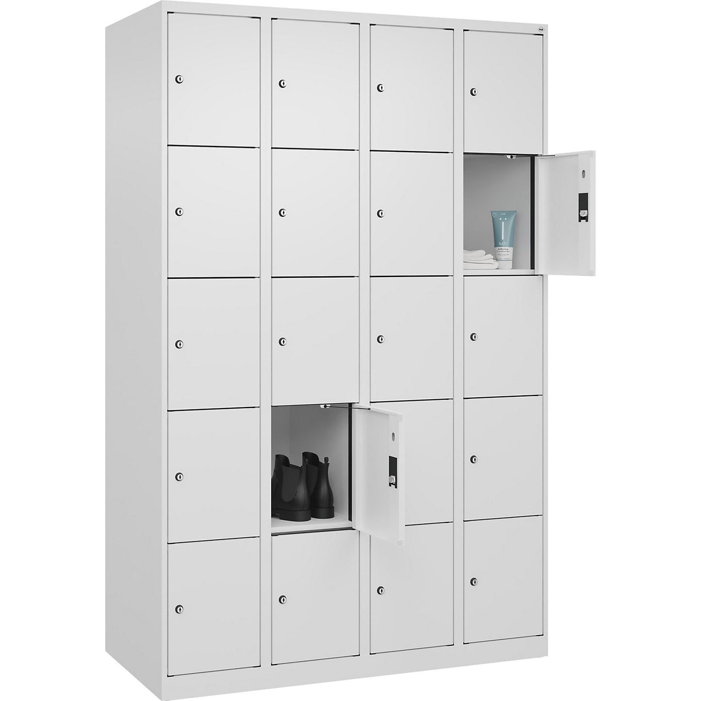 Evolo PLUS 5-fold compartment locker, 4 compartments, white, W 1200 mm, 20 compartments, with floor glides, cylinder lock.