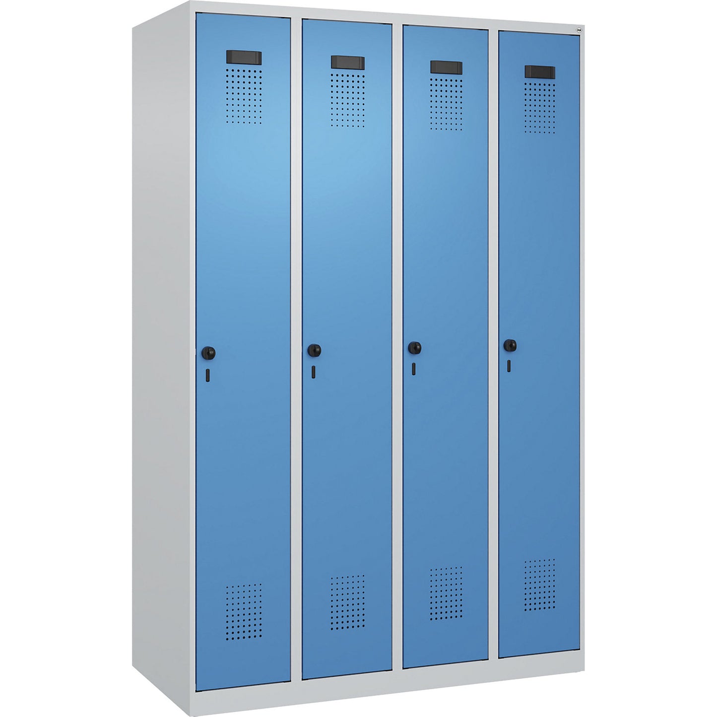 Evolo PLUS clean and dirty clothes locker, narrow, 4 compartments, shortened centre divider, light grey / light blue, W 1200 mm, with floor glides, security rotary bolt.