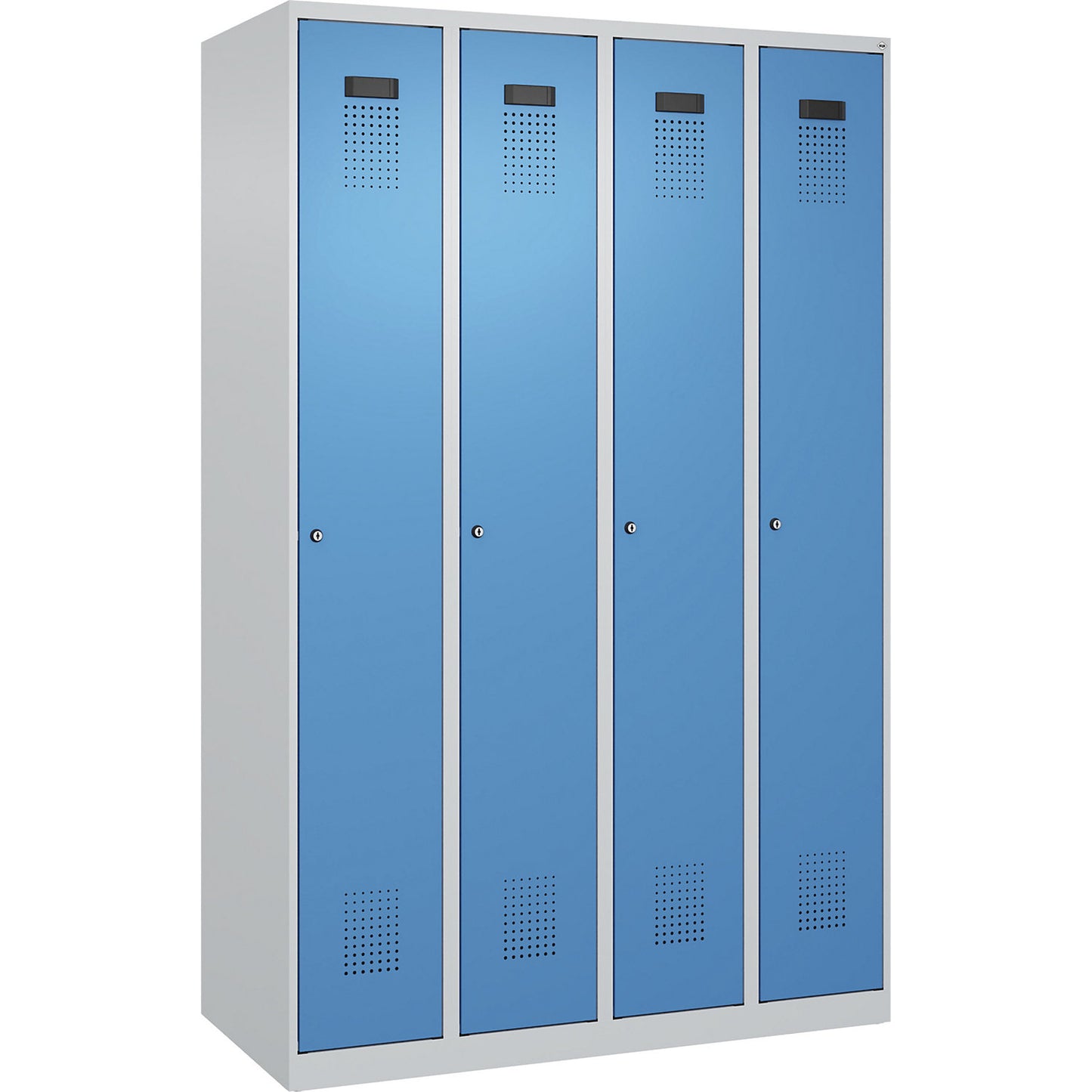 Evolo PLUS clean and dirty clothes locker, narrow, 4 compartments, shortened centre divider, light grey / light blue, W 1200 mm, with floor glides, cylinder lock.
